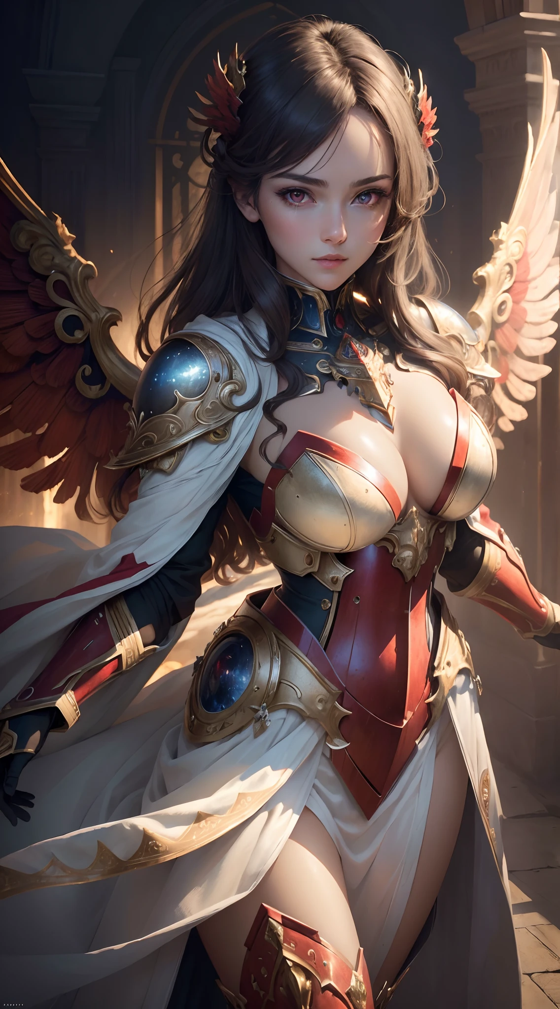 (masterpiece, best quality:1.3),extremely high detailed, intricate, 8k, HDR, wallpaper, cinematic lighting, (universe), fighting, glowing, armor, 1girl, beautiful face, red eyes, glowing eyes, mecha, white robe, large wings,