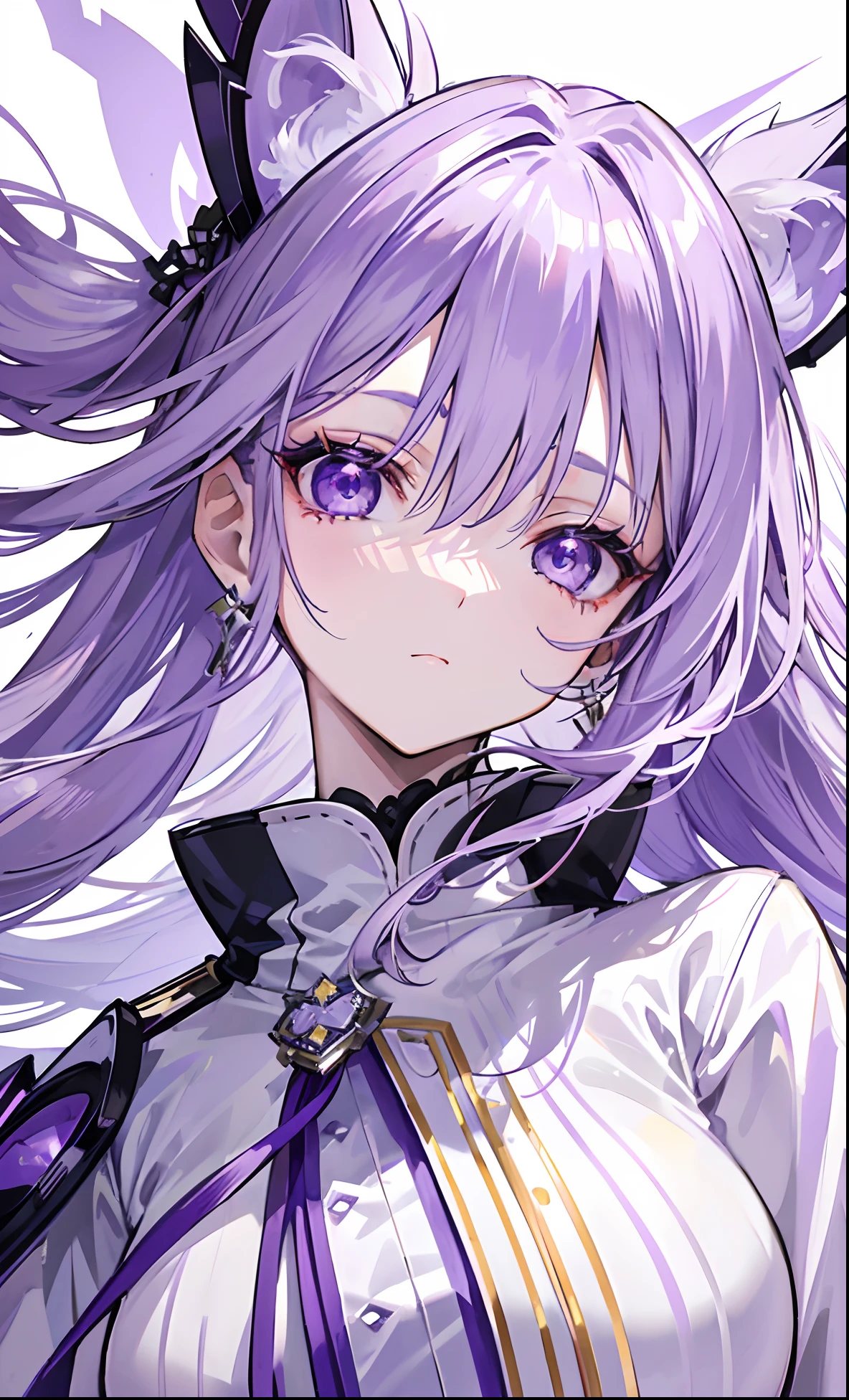 Purple-white hair covered her long face like a helmet，Make his long face look like a small one，Lovely white clothes，Complements a variety of shades of purple，There is a delicate makeup，shining face，Exquisite，Brilliant，dark purple eyes，Feel like a sweet girl