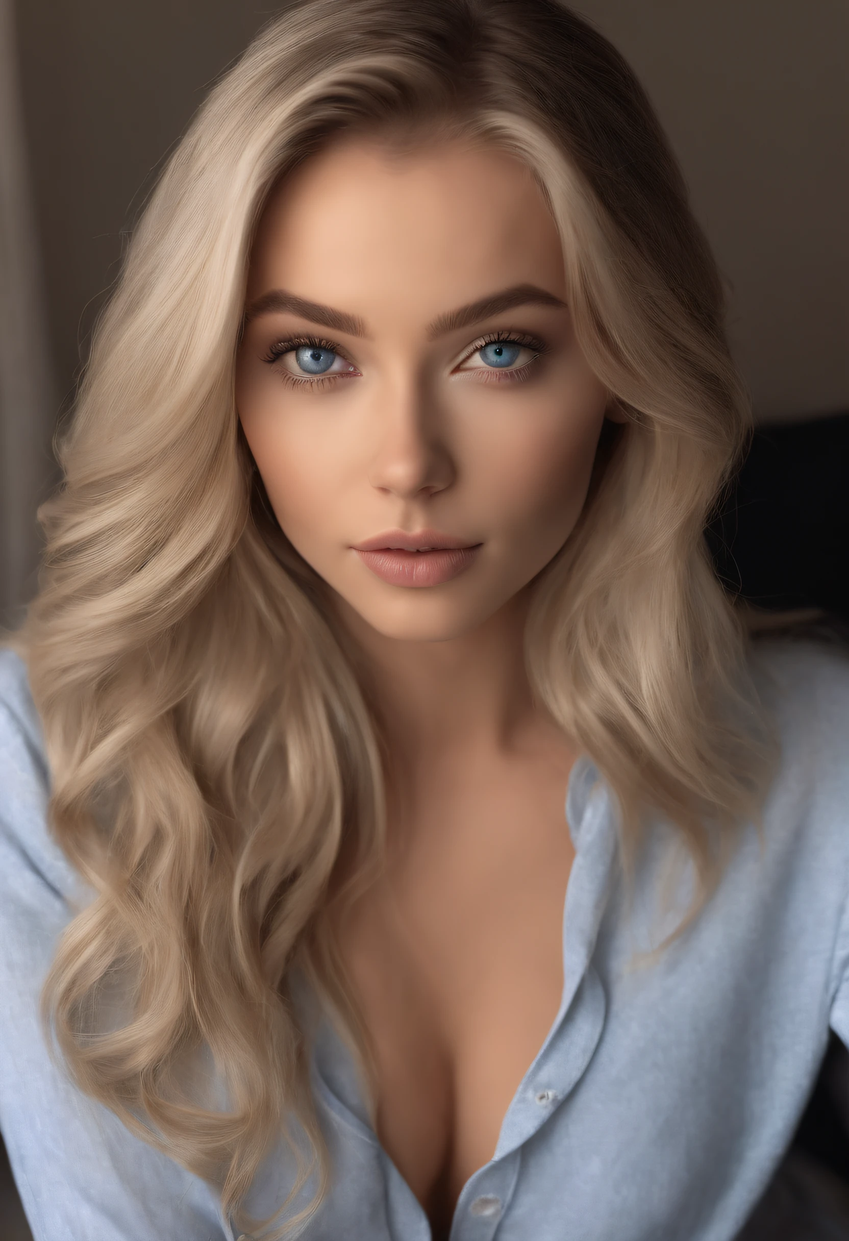 arafed woman fully , sexy girl with blue eyes, ultra realistic, meticulously detailed, portrait sophie mudd, blonde hair and large eyes, selfie of a young woman, bedroom eyes, violet myers, without makeup, natural makeup, looking directly at the camera, face with artgram, subtle makeup, stunning full body shot kneeling on bed, in bedroom, medium to large size bust