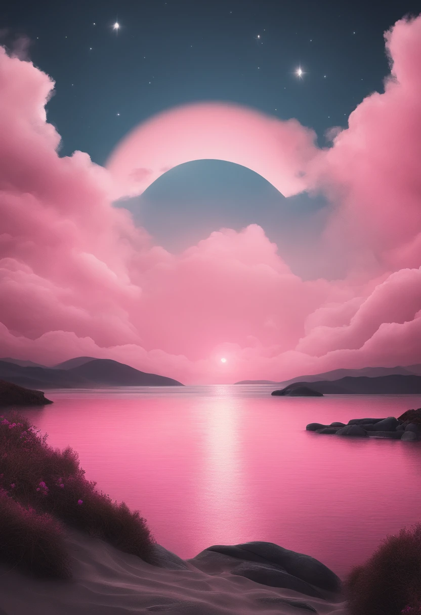 lua rosa，pink skies，illustration style，nuvens rosa suaves，ondas cor-de-rosa do oceano cintilantes，cintilante，Rosas cor-de-rosa no oceano cor-de-rosa，genial，Diamante，coroa tiara，Cosmos，SuaveSoftlighting，