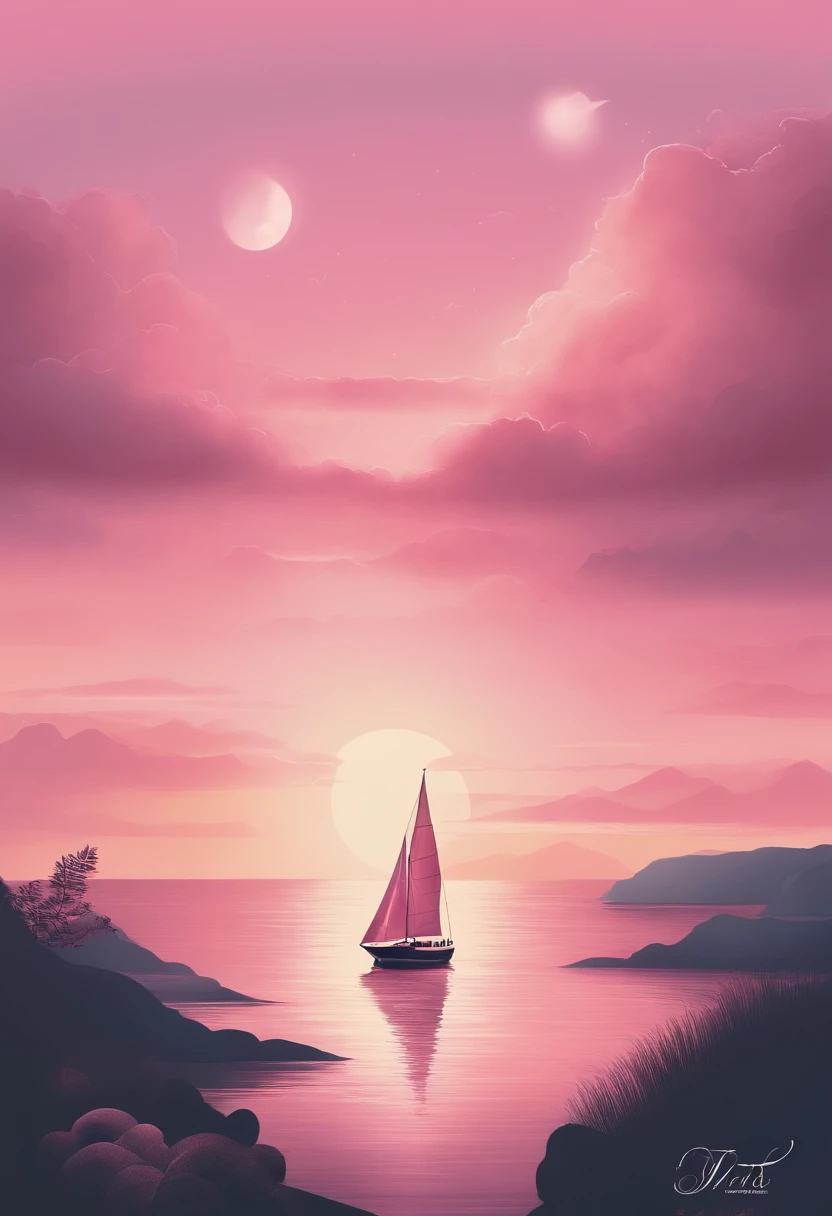 lua rosa，pink skies，illustration style，nuvens rosa suaves，ondas cor-de-rosa do oceano cintilantes，cintilante，Rosas cor-de-rosa no oceano cor-de-rosa，genial，Diamante，coroa tiara，Cosmos，SuaveSoftlighting，