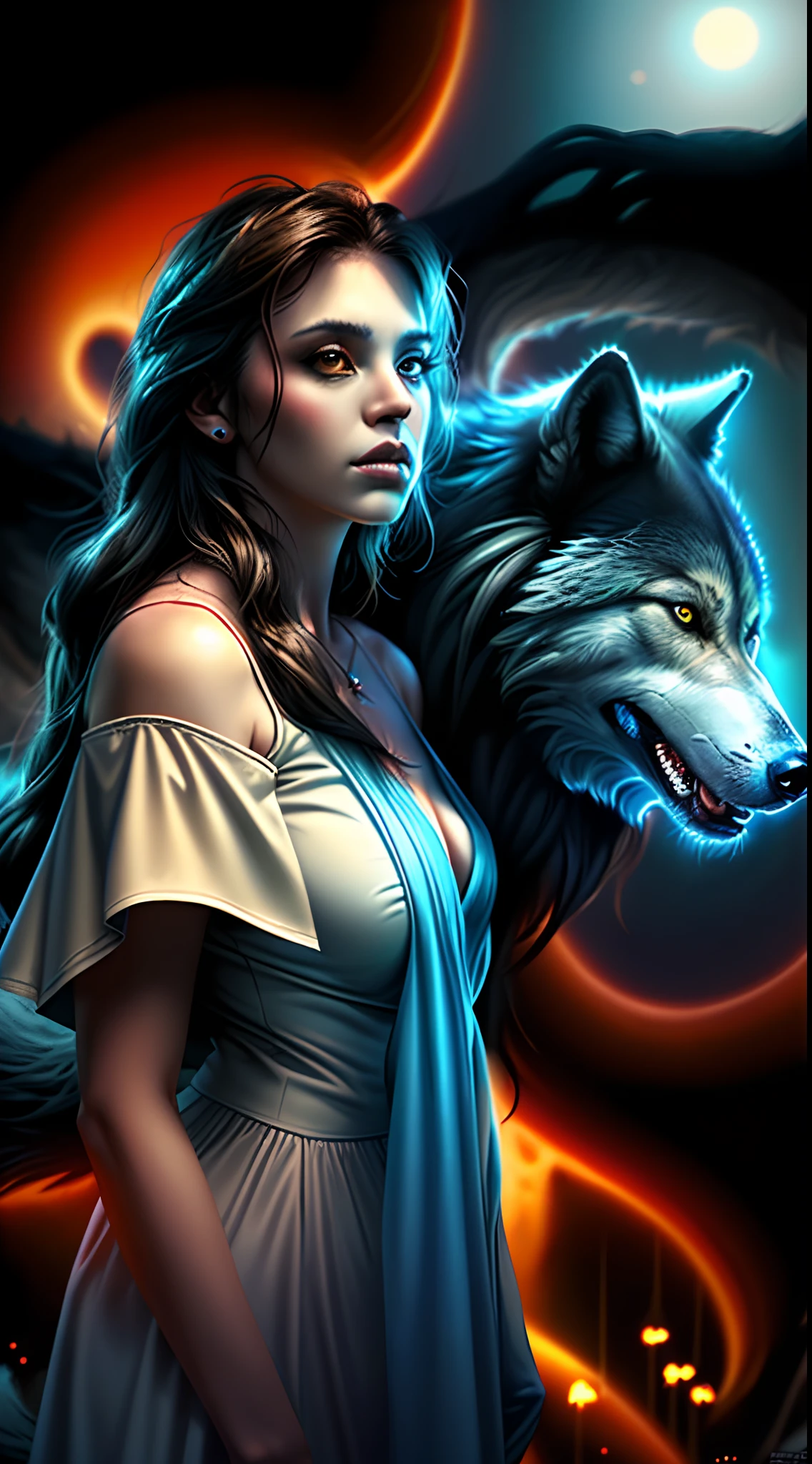 uma mulher em um vestido ao lado de um lobo, lobogirl, Angielobo, foto de perfil, Lobos e seus tesouros, Lobo Dourado, female anthropomorphic wolf, lobo como um humano, lobo, uma bela raposa senhora, Directed by: Ivan Ranger, lobo, inspirado em Wolf Huber, arte bonita, companheiro lobo, arte linda, awesome art, grande lobo