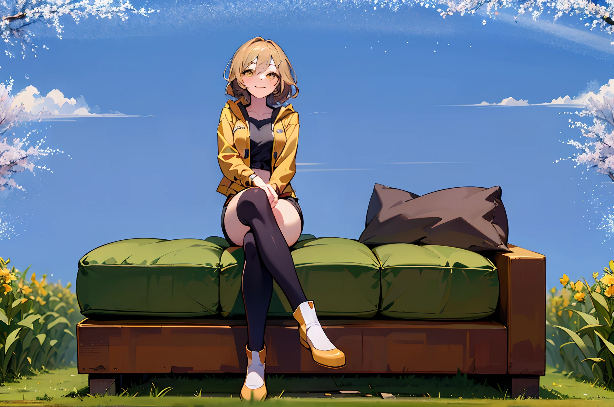 (Masterpiece, best quality, good anatomy, wallpaper, 4k, HD) 1 girl, solo!!, dull blonde hair, yellow eyes, happy, smile, closed mouth, black top, yellow jacket, white shorts, black legwears, yellow platform shoes, sofa, city park background, clouds, sakura trees, spring day