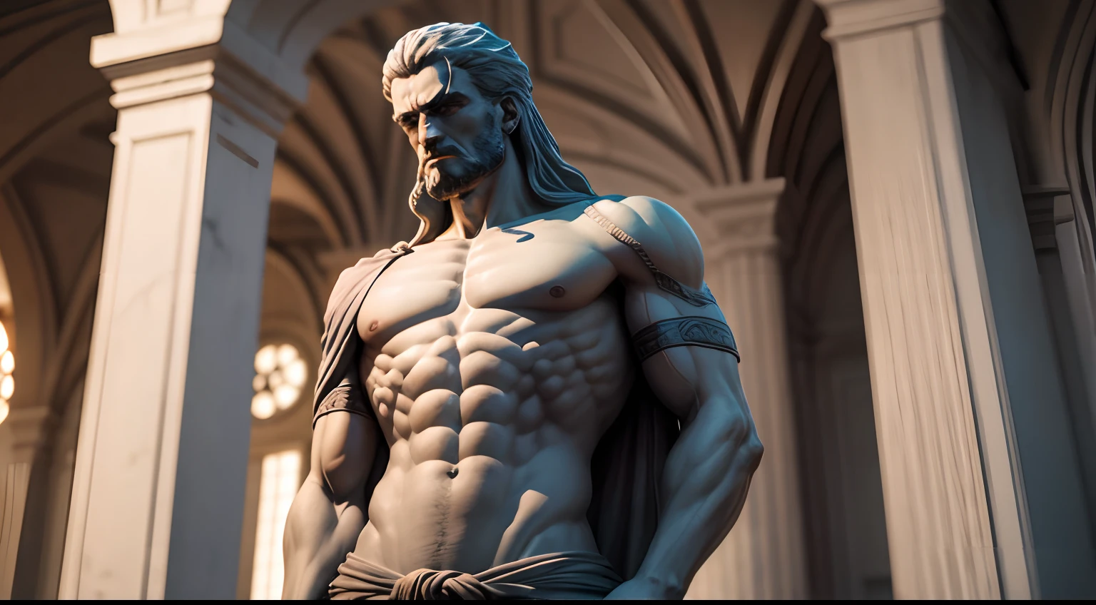 Stoic statue, with an expression of anger, usando manto e tunica longo sobre todo o corpo, Noite escura, ao ceu aberto, 35 mm, lateralmente, Filmado em Sony A7S III com Sony FE 35mm f/1.8, 12.1 MP, --AR 3:2 --estilo cru