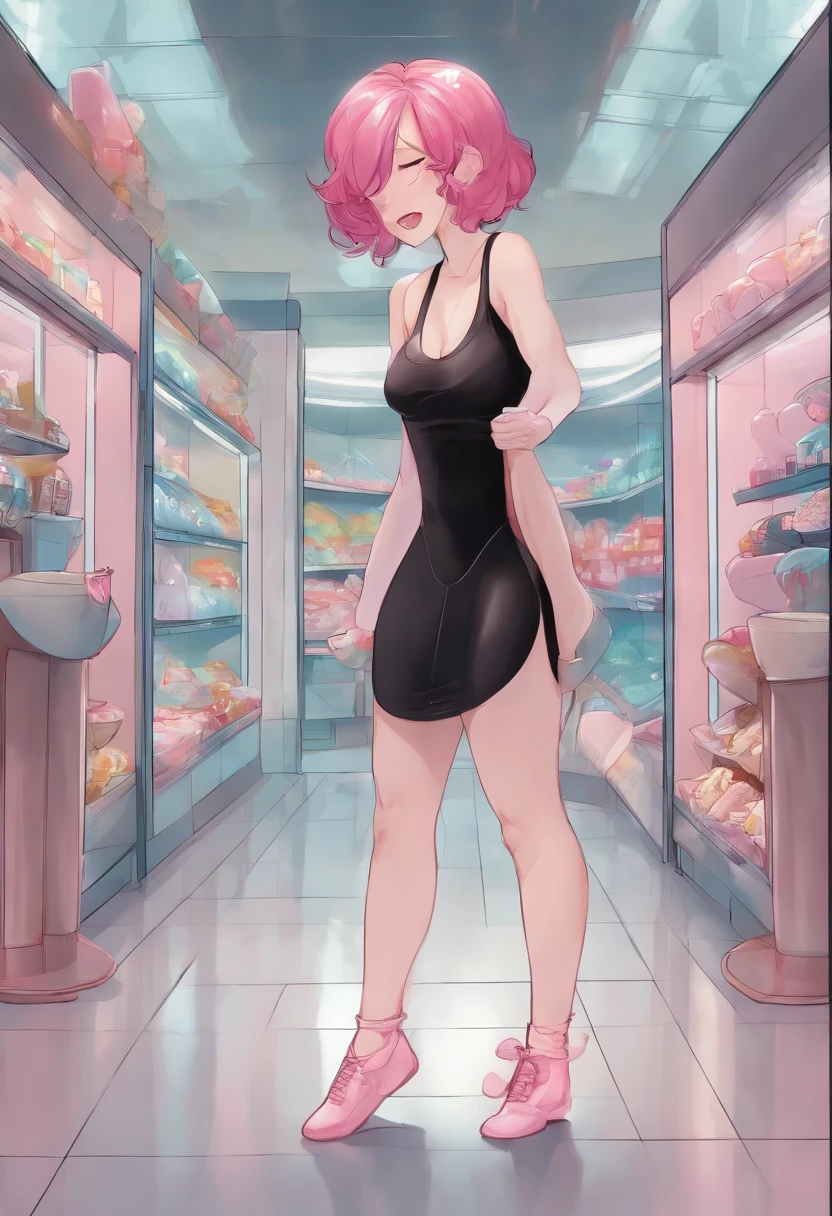 masterpiece, 1 girl PEEING HERSELF, LEAKING PEE, omorashi, pink hair, blushing, leotard, white tights, mouth open, tears, drooling, erect nipples, shopping mall