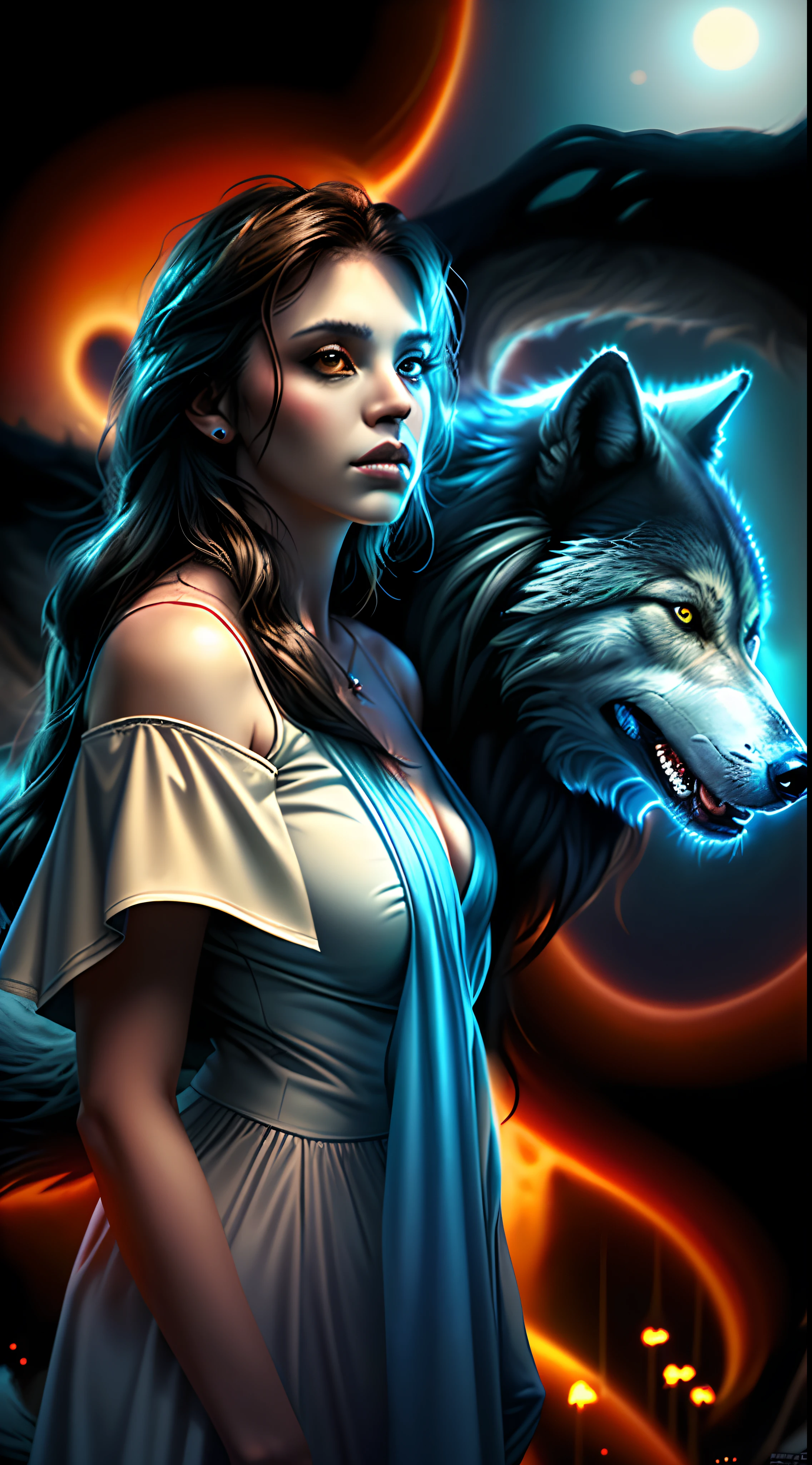 uma mulher em um vestido ao lado de um lobo, lobogirl, Angielobo, foto de perfil, Lobos e seus tesouros, Lobo Dourado, female anthropomorphic wolf, lobo como um humano, lobo, uma bela raposa senhora, Directed by: Ivan Ranger, lobo, inspirado em Wolf Huber, arte bonita, companheiro lobo, arte linda, awesome art, grande lobo