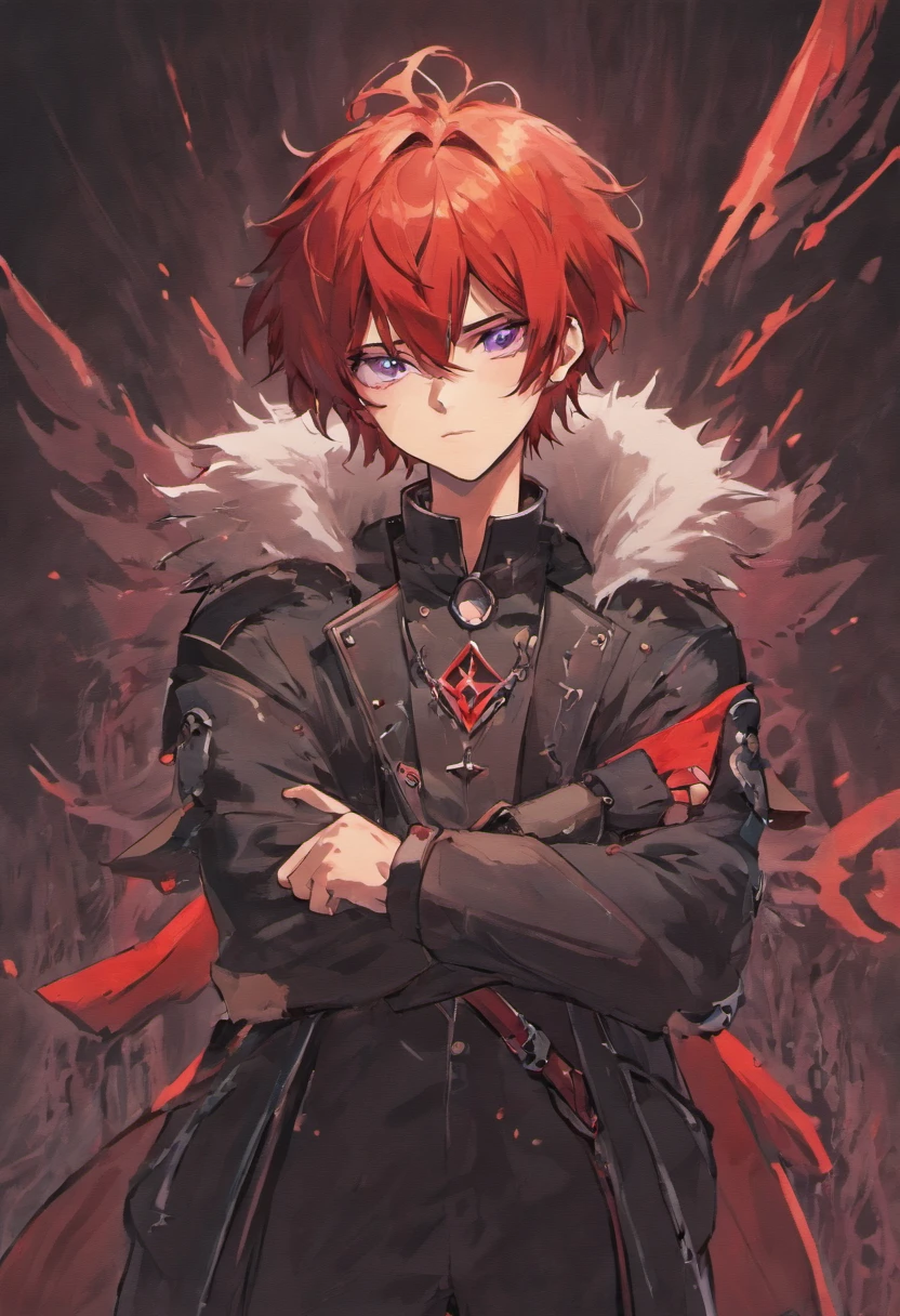 red-short-haired man, with one blue eye and the other eye closed with a scar, he has faded beard, he wears a long red jacket, like a Bloodborne hunter, on his back he carries a greatsword, he has a prosthetic left arm like Guts, He is facing creatures of the night like a vampire hunter, 80s anime still, retro fashion, dungeon and dragons character dark fantasy digital art muted pastel colors, muted retro colors, CRT tv display by Tsukasa Hojo and Toshihiro Kawamoto -