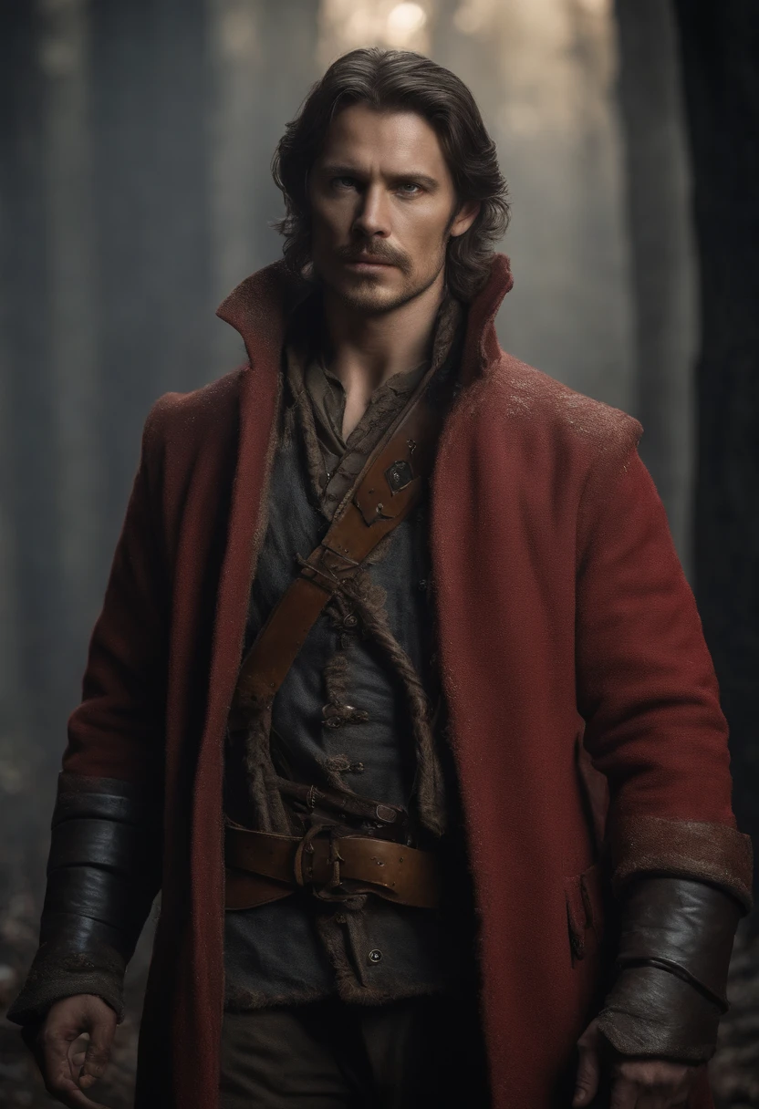 red-short-haired man, with one blue eye and the other eye closed with a scar, he has faded beard, he wears a long red jacket, like a Bloodborne hunter, on his back he carries a greatsword, he has a prosthetic left arm like Guts, He is facing creatures of the night like a vampire hunter, 80s anime still, retro fashion, dungeon and dragons character dark fantasy digital art muted pastel colors, muted retro colors, CRT tv display by Tsukasa Hojo and Toshihiro Kawamoto -