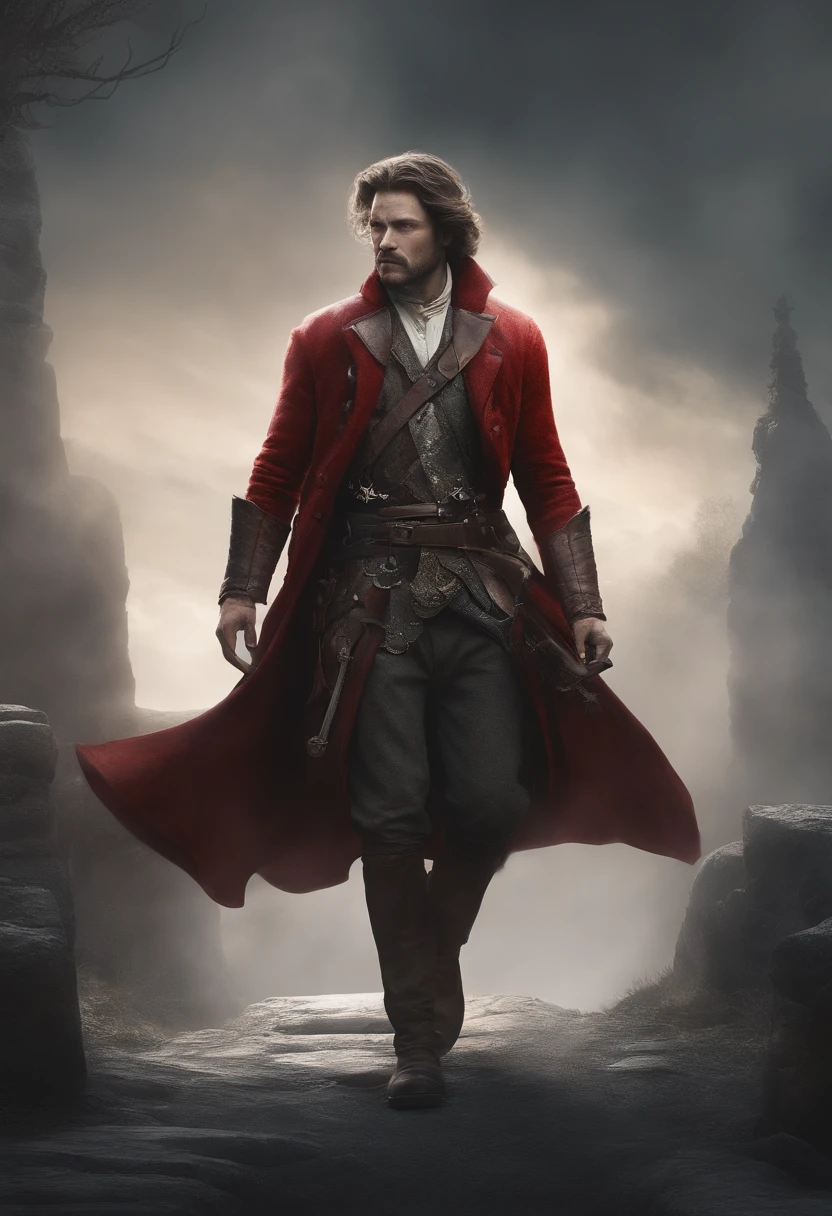 red-short-haired man, with one blue eye and the other eye closed with a scar, he has faded beard, he wears a long red jacket, like a Bloodborne hunter, on his back he carries a greatsword, he has a prosthetic left arm like Guts, He is facing creatures of the night like a vampire hunter, 80s anime still, retro fashion, dungeon and dragons character dark fantasy digital art muted pastel colors, muted retro colors, CRT tv display by Tsukasa Hojo and Toshihiro Kawamoto -