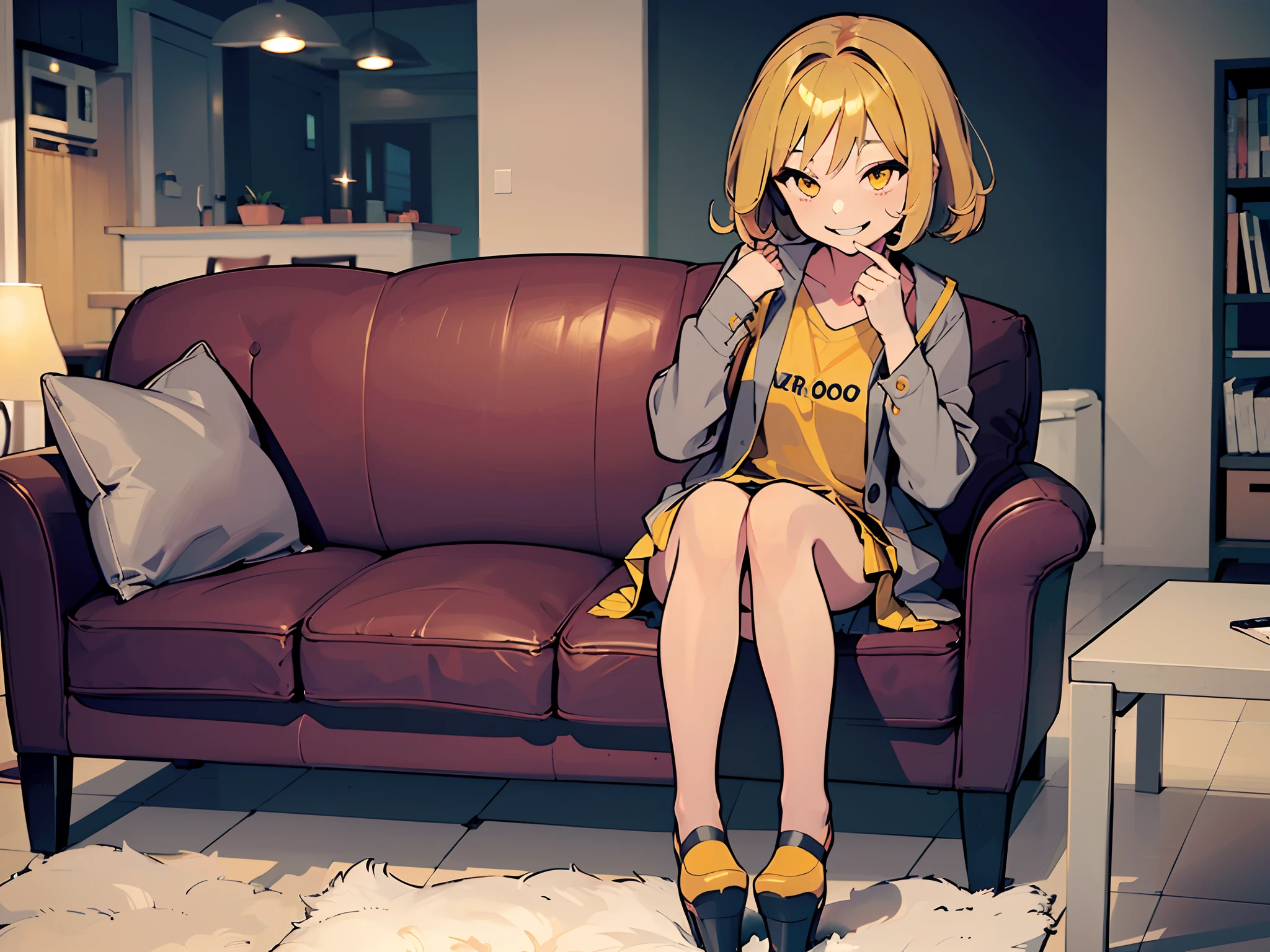 (Masterpiece, best quality, good anatomy, wallpaper, 4k, HD) 1 girl, solo!!, dull blonde hair, yellow eyes, smile, closed mouth, yellow school jacket, white skirt, black legwears, yellow platform shoes, sofa, living room, day