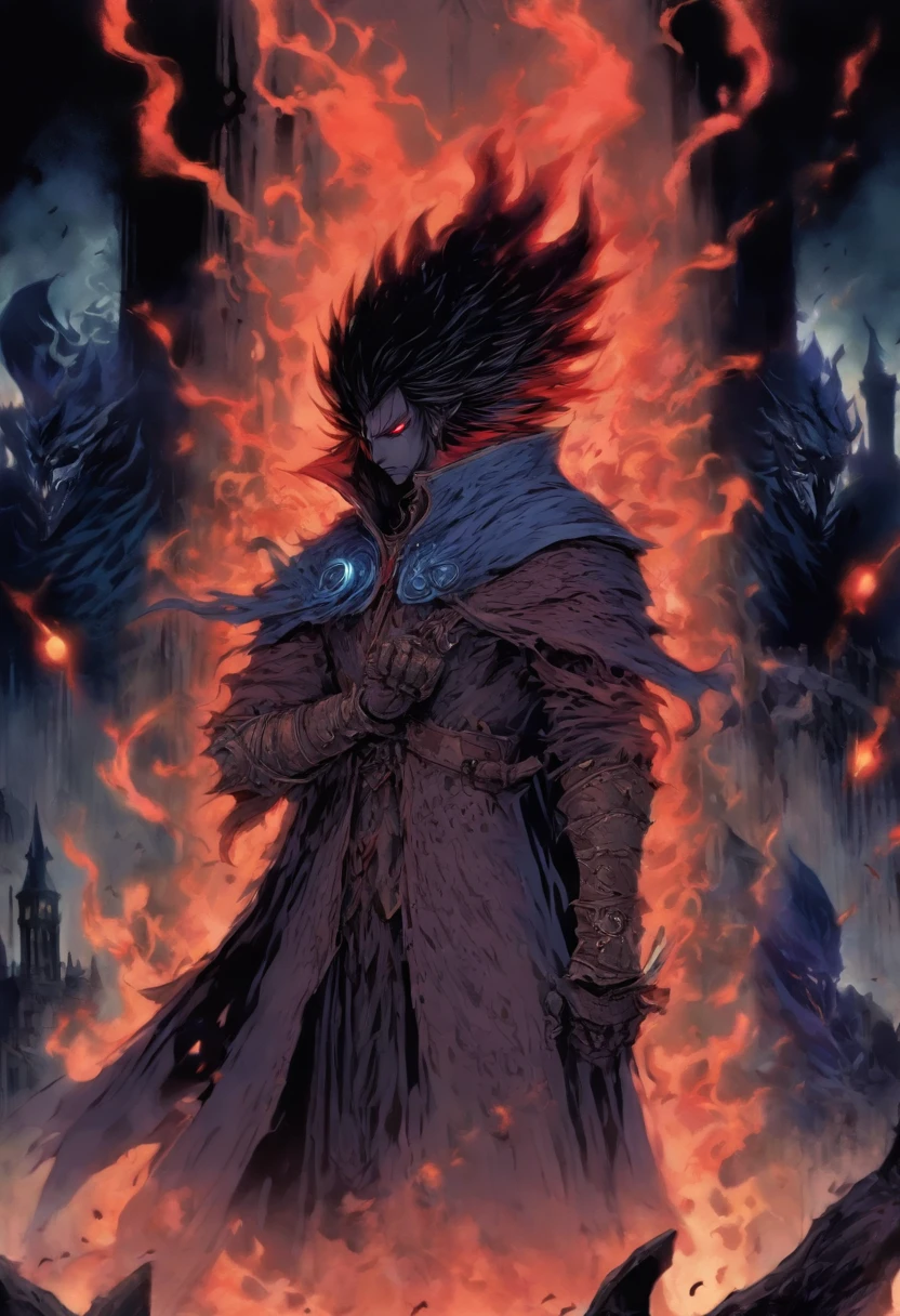 hombre de pelo corto rojo, Pelo rojo, pelo corto, con un ojo azul y el otro ojo cerrado con una cicatriz, Tiene la barba descolorida, Lleva una larga chaqueta roja, como un cazador de Bloodborne, En su espalda lleva una gran espada, You have a prosthesis on your left arm, He is engulfed in flames and is fighting various monsters of the night., encarnando una dura batalla para proteger a Barovia y sus habitantes. 80s anime still, Moda retro, Dungeon and Dragons Character Dark Fantasy Digital Art Muted Pastel Colors, Colores retro apagados, Pantalla de TV CRT por Tsukasa Hojo y Toshihiro Kawamoto -