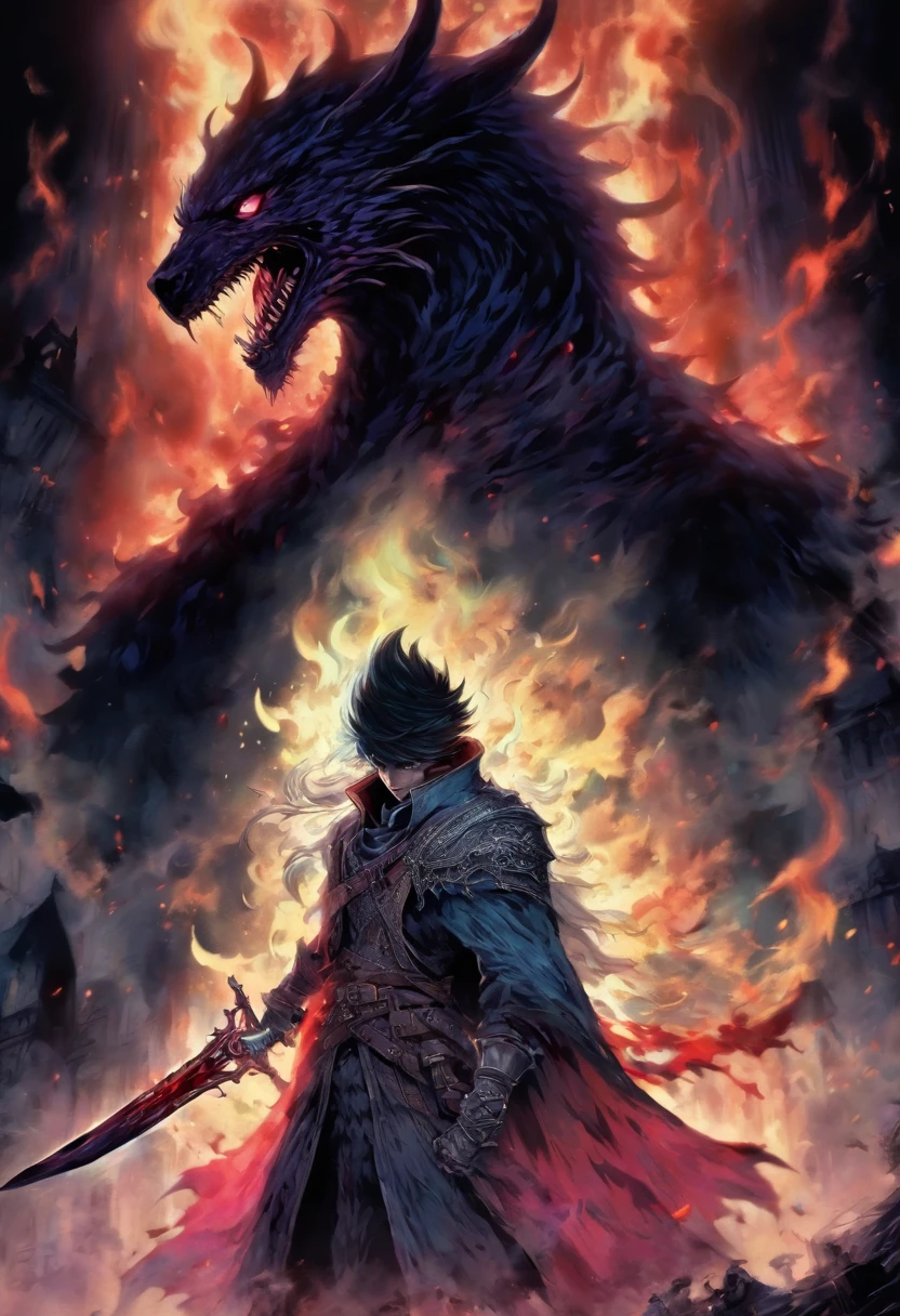 hombre de pelo corto rojo, Pelo rojo, pelo corto, con un ojo azul y el otro ojo cerrado con una cicatriz, Tiene la barba descolorida, Lleva una larga chaqueta roja, como un cazador de Bloodborne, En su espalda lleva una gran espada, You have a prosthesis on your left arm, He is engulfed in flames and is fighting various monsters of the night., encarnando una dura batalla para proteger a Barovia y sus habitantes. 80s anime still, Moda retro, Dungeon and Dragons Character Dark Fantasy Digital Art Muted Pastel Colors, Colores retro apagados, Pantalla de TV CRT por Tsukasa Hojo y Toshihiro Kawamoto -