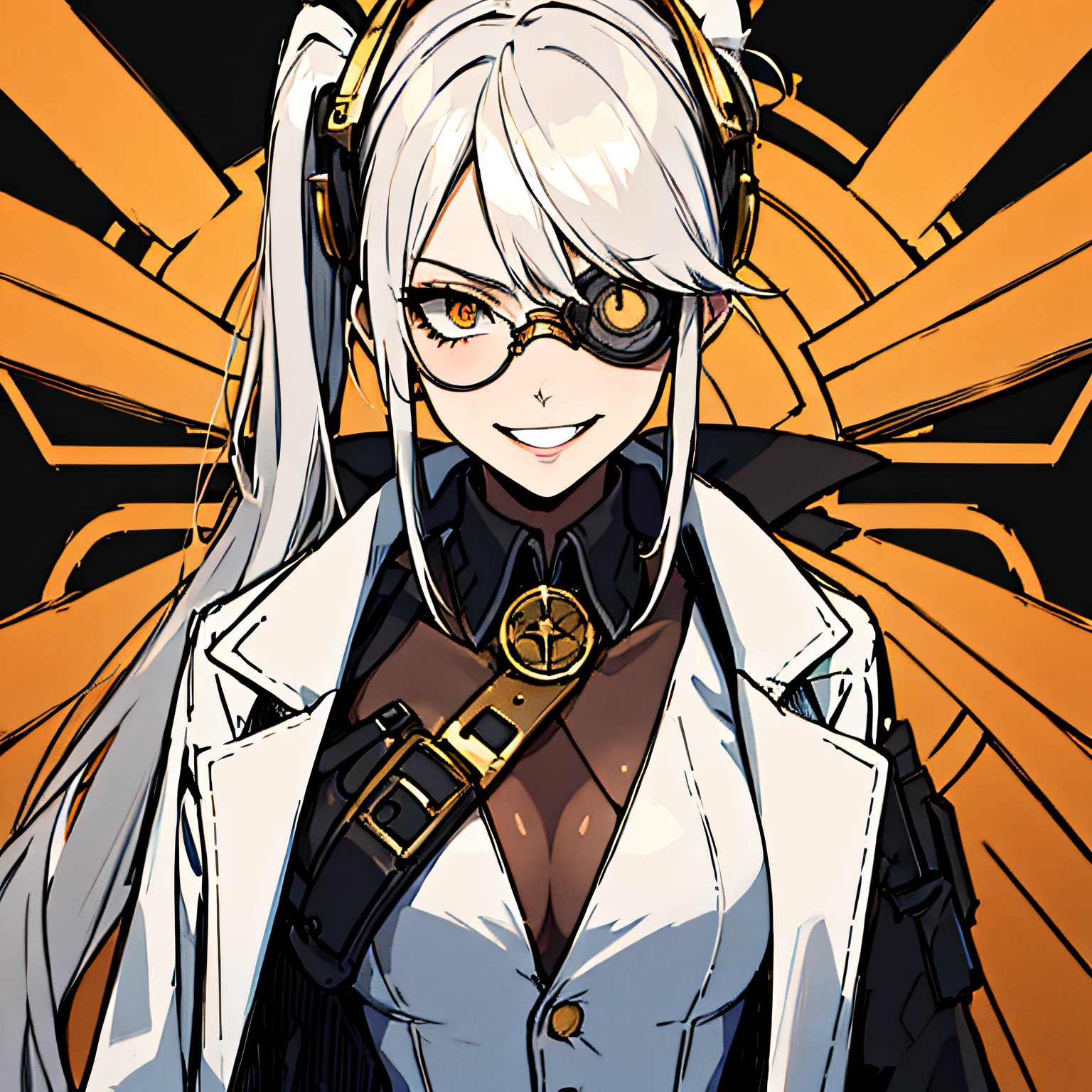 (absurdres, 8k, 4k, masterpiece, hyper extreme detailed:1.2), solo, 1girl, front view, perfect face, 1girl, portrait, expressive eyes, solo, standing, Female, girl with goggles and a chain around her neck, cyber goggles, victorian goggles, round goggles, goggles, cyberpunk monocle!, goggle eyes, steampunk googles, steampunk goggles, wearing victorian brass goggles, weak, female, small breasts, pale, cream colored hair, long hair, gold eyes, swept bangs, slim, slender, intelligent, genius, mad scientist, twin tails, Inventor, confident, perfect anatomy, futuristic, fingerless gloves, chest harness, pervert, half body, lab coat, belts, crazy face, crazy eyes, crazy smile, 1girl, futuristic, labcoat, white hair, mature, adult, attractive, skirt, hologram, monocle,  wide smile, jovial, poofy twin tails, big hair, tesla coil, evil. criminal, shaded face