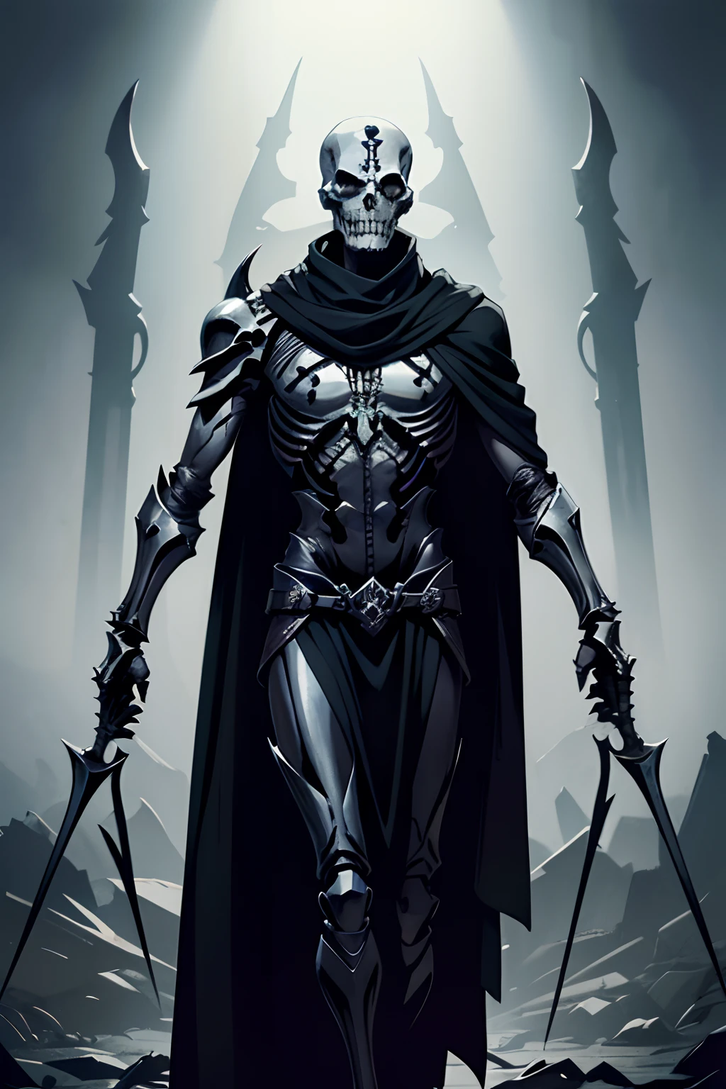 A full-body photo captures the image of the Eternal Reaper, wrapped in a black cloak, emerging from the dense mist. With a sharp scythe in a skeletal hand, his empty eyes glow supernaturally. His skeletal and imposing figure dominates the scene, conveying an aura of power and mystery. The image is in black and white, intensifying the dark and macabre atmosphere., intricate details, perfect features, dramatic, cinematic lighting, accent lighting, SSAA, smooth render, high details, super detail, 8k, 16k, best quality