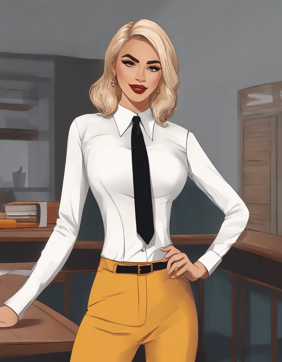 1girl, cabelo curto preto bob, olhos amarelos, pele bronzeada, ELA TEM A PELE MORENA CLARA, corpo pequeno, vestindo camisa de uniforme escolar branca lisa, wearing long black pants, business ties, absurdos, alta resolução, ultrasharp, 8k, master part, Olhando para o Viewer, manga curta, franja, peito achatado, fundo nublado, segurando caderno e livros escolares, sorridente, grandes olhos, wearing a choker on the neck, collar around the neck, Ester e Tania