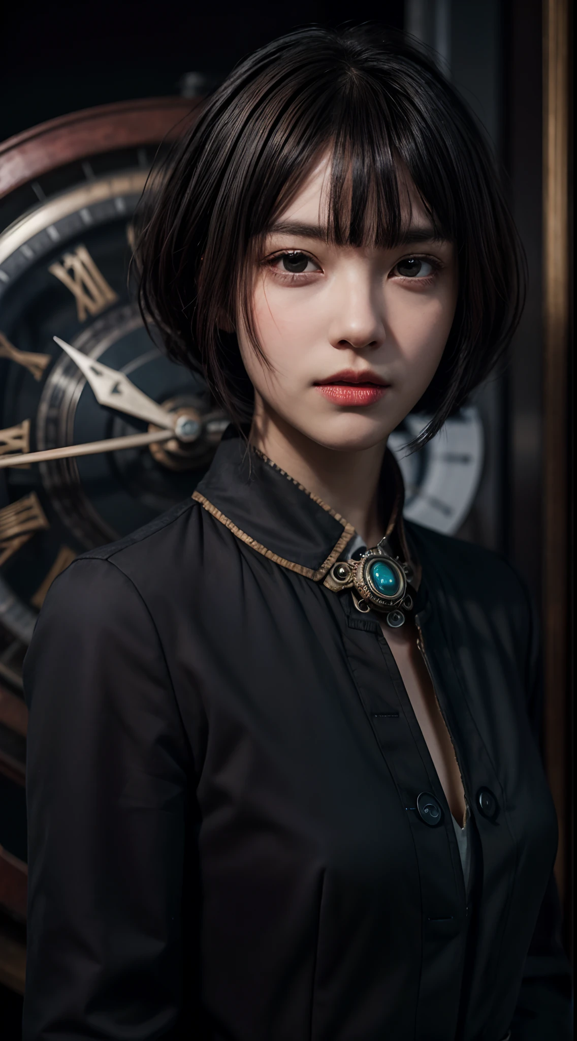 steampunkai, inventor working on a timemachine, a girl, black short hair with bangs, extremely detailed face, extremely detailed eyes, 8k, starring at camera, zoom out