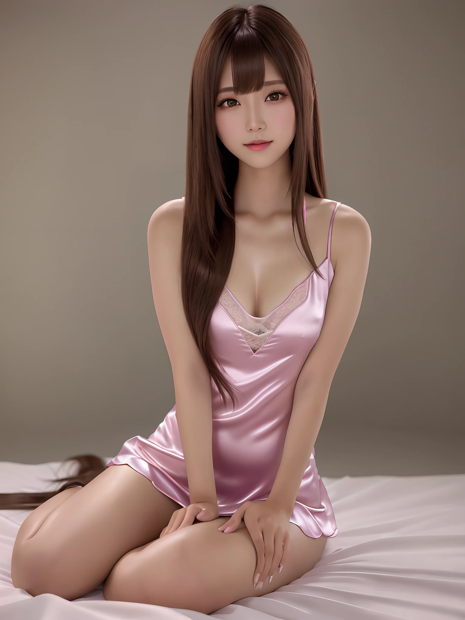 masterpiece, 1 girl per 1 photo, Full body shot, directly front view, a Japanese young pretty girl, sitting alone on a bed in a hotel, glamorous figure, wearing a shiny satin light pink silk chemise with laces, A big smile, hyper cute face, Glossy lips, Sweaty body, double eyelids in both eyes, Natural makeup, shiny smooth light brown hair of long bob hair, Asymmetrical bangs, tanny skin, central image, 8K resolution, High detail, detailed hairstyle, Detailed face, spectacular cinematic lighting, Octane Rendering, Vibrant, ultra-Realstic, Perfect limbs, Perfect Anatomy