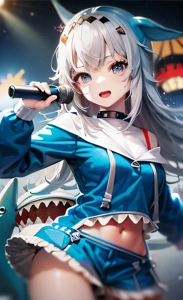 Anime girl with a microphone in her hand and a shark in the background, kantai collection style, Anime Moe Artstyle, Nightcore, Portada del anime, Marin Kitagawa Fanart, waifu, splash art anime loli, Ilustraciones oficiales, Estilo Azur Lane, De Girls Frontline, Del videojuego Azure Lane, Anime visual de una chica linda, high quality anime artstyle