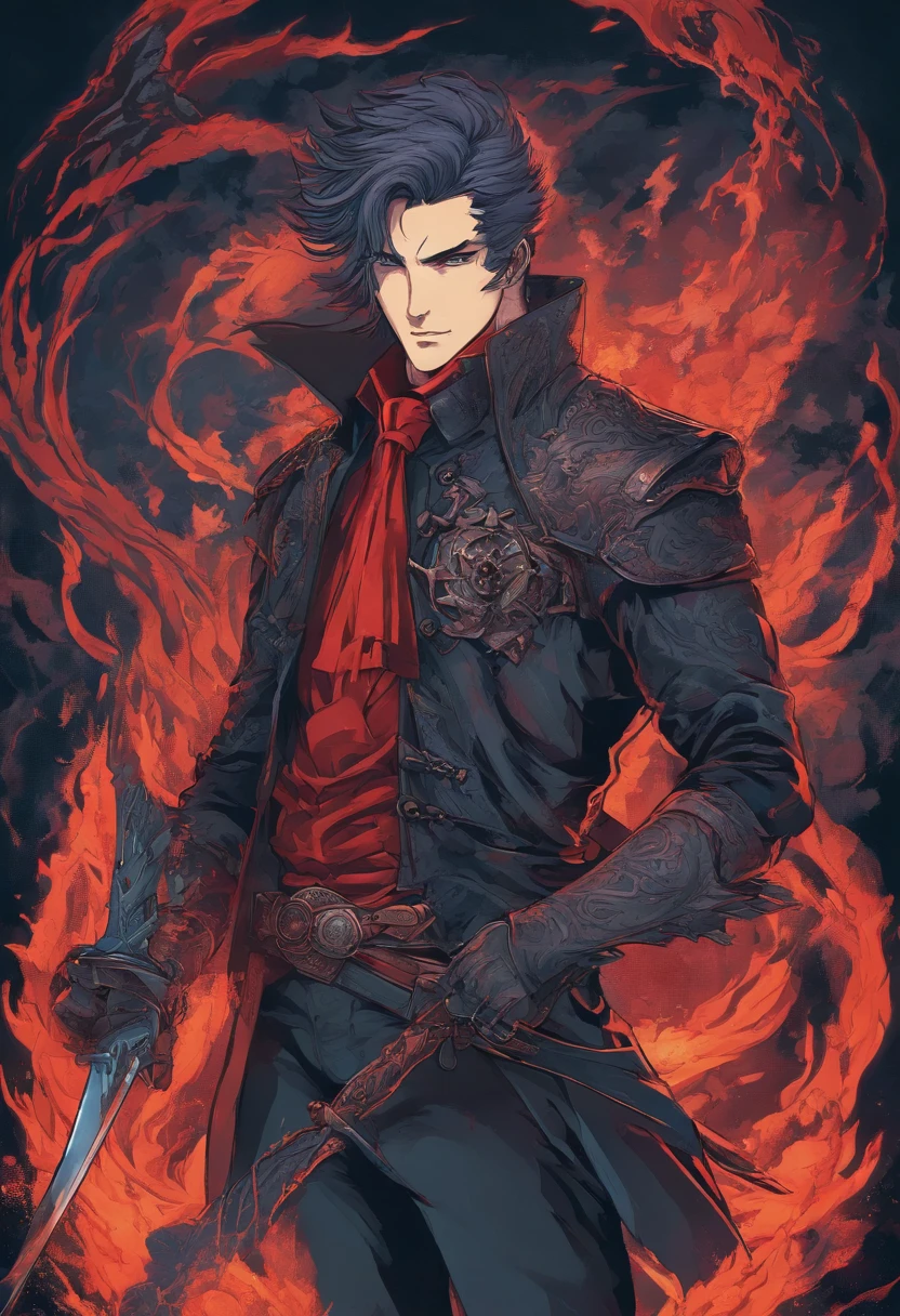 hombre de pelo corto rojo, Pelo rojo, pelo corto, con un ojo azul y el otro ojo cerrado con una cicatriz, Tiene la barba descolorida, Lleva una larga chaqueta roja, como un cazador de Bloodborne, En su espalda lleva una gran espada, You have a prosthesis on your left arm, He is engulfed in flames and is fighting various monsters of the night., encarnando una dura batalla para proteger a Barovia y sus habitantes. 80s anime still, Moda retro, Dungeon and Dragons Character Dark Fantasy Digital Art Muted Pastel Colors, Colores retro apagados, Pantalla de TV CRT por Tsukasa Hojo y Toshihiro Kawamoto -