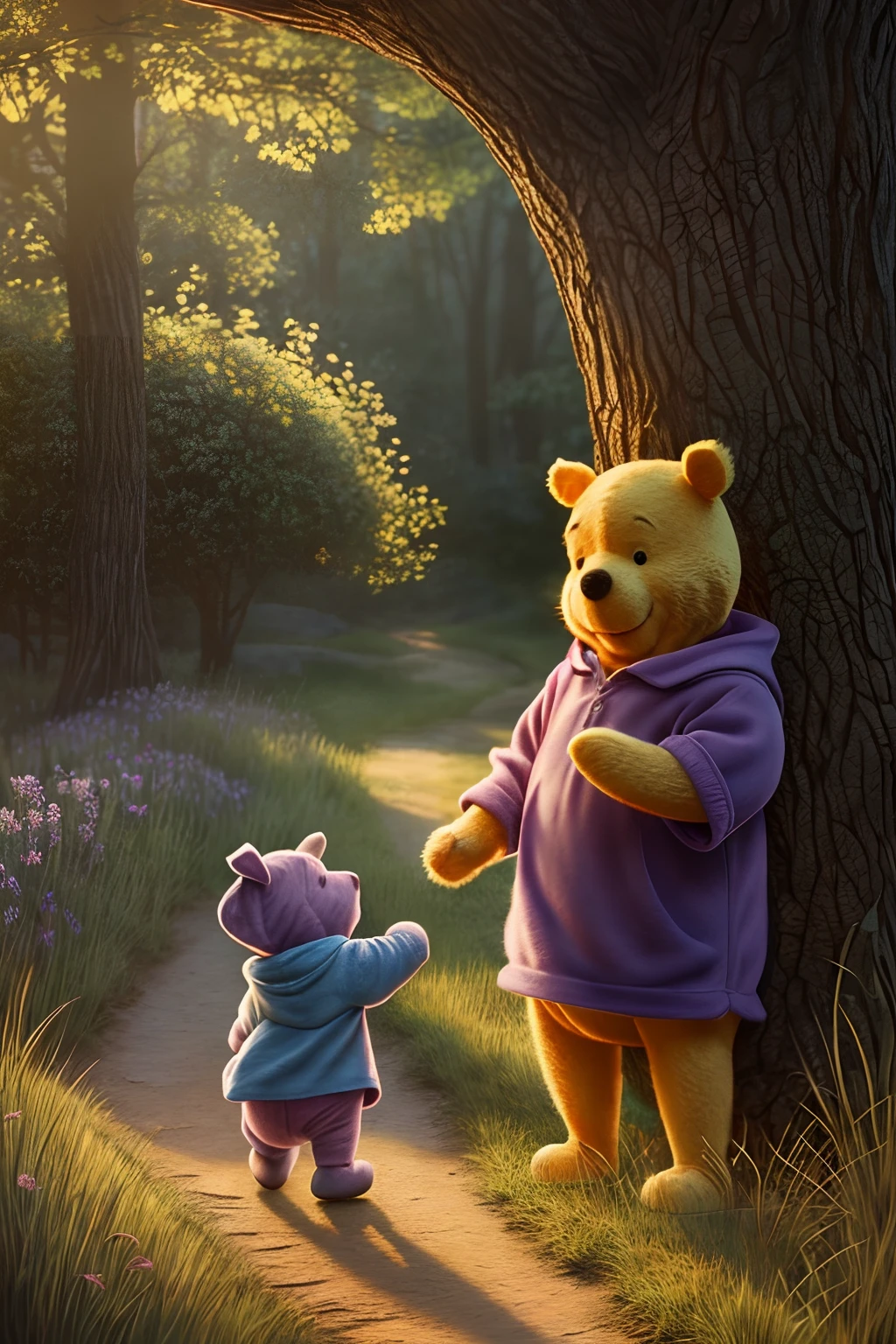 Illustration of Winnie the pooh and eeyore, highly detailed, clear photography, photorealistic, soft pastel colours, highly detailed, intricate, path tracing, illustration, insanely detailed, shadow mapping volumetric light, specular lighting