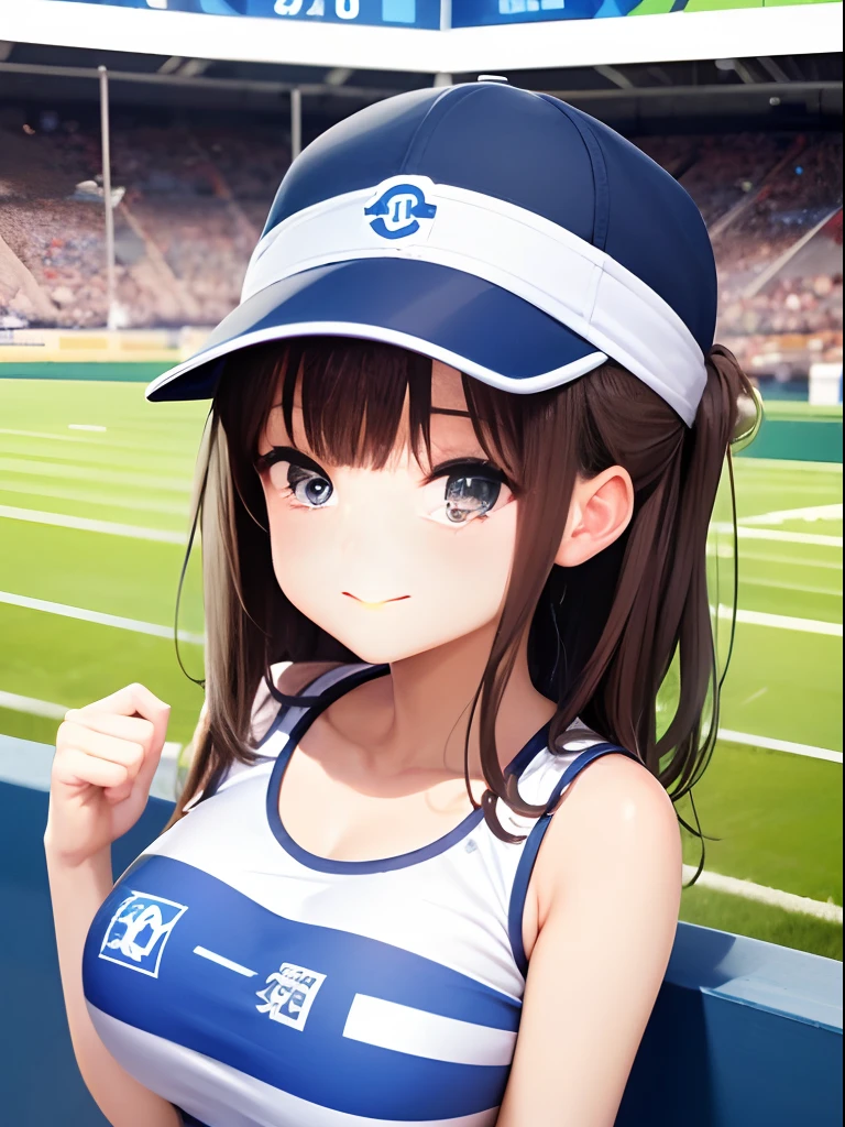 (masterpice、Top image quality,4K,8K),There is a girl selling merchandise in the stadium spectator seats、cute face、kindly smile、Breast size:1.2,Wearing a sun visor、The background is the stadium spectator seats