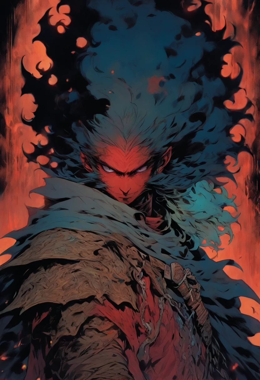 red-short-haired man, with one blue eye and the other eye closed with a scar, he has faded beard, he wears a long red jacket, like a Bloodborne hunter, on his back he carries a greatsword, he has a prosthetic left arm like Guts, He is facing creatures of the night like a vampire hunter, 80s anime still, retro fashion, dungeon and dragons character dark fantasy digital art muted pastel colors, muted retro colors, CRT tv display by Tsukasa Hojo and Toshihiro Kawamoto -