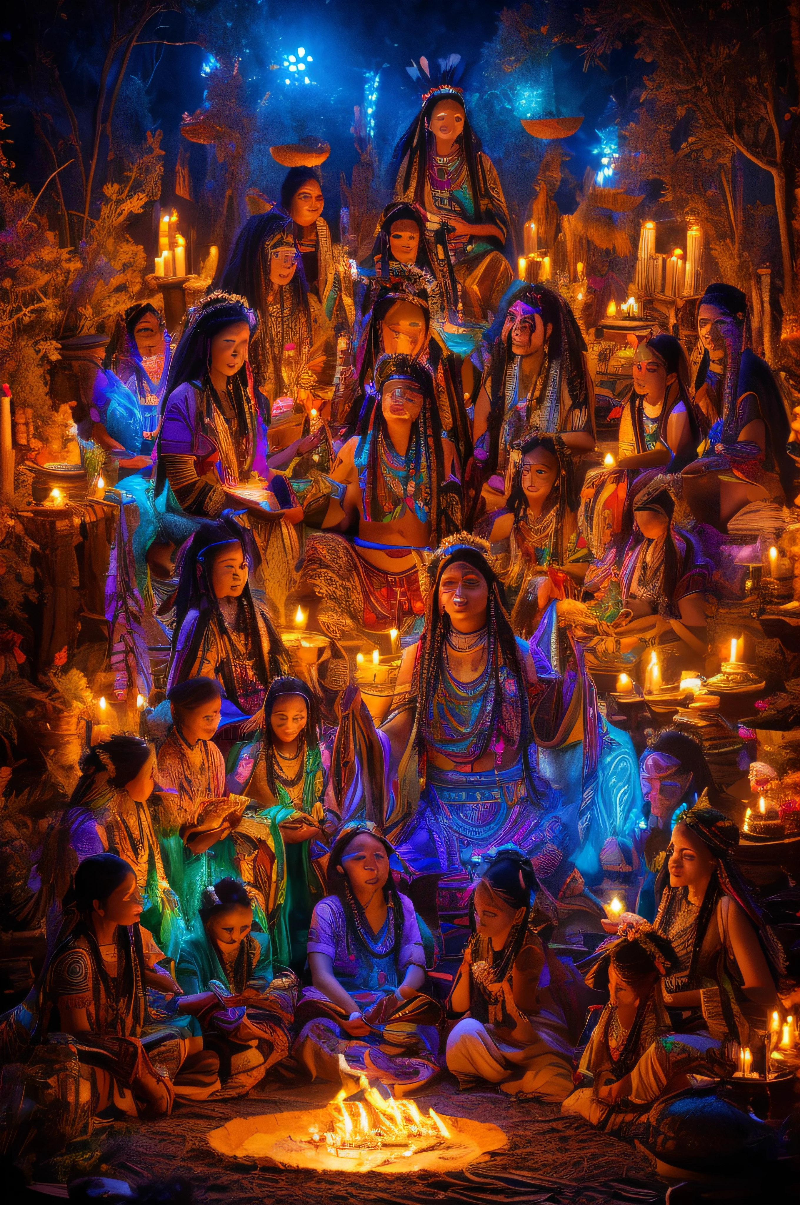 (best quality,4k,8k,highres,masterpiece:1.2),ultra-detailed,(realistic,photorealistic,photo-realistic:1.37),Native American Indian ritual,celebration of life,blacklight,high definition,tribal culture,traditional attire,ritual dance,ancient symbols,feathers,headdresses,sacred fire,smoke rising,sunset glow,silhouettes,drum beats,chanting,echoing voices,energetic movement,colorful patterns,sacred objects,burning sage,purification,cutting of hair,respectful ceremony,unity with nature,spiritual connection,traditional song and dance,energizing atmosphere,harmonious rhythms,transcendental experience,mesmerizing rituals,community gathering,mystical ambiance,spiraling vortex,burst of energy,ancestral wisdom,profound spiritual journey,transformation,cleansing rejuvenation,dreamlike vision,reverence for ancestors,living cultural heritage, blacklight art