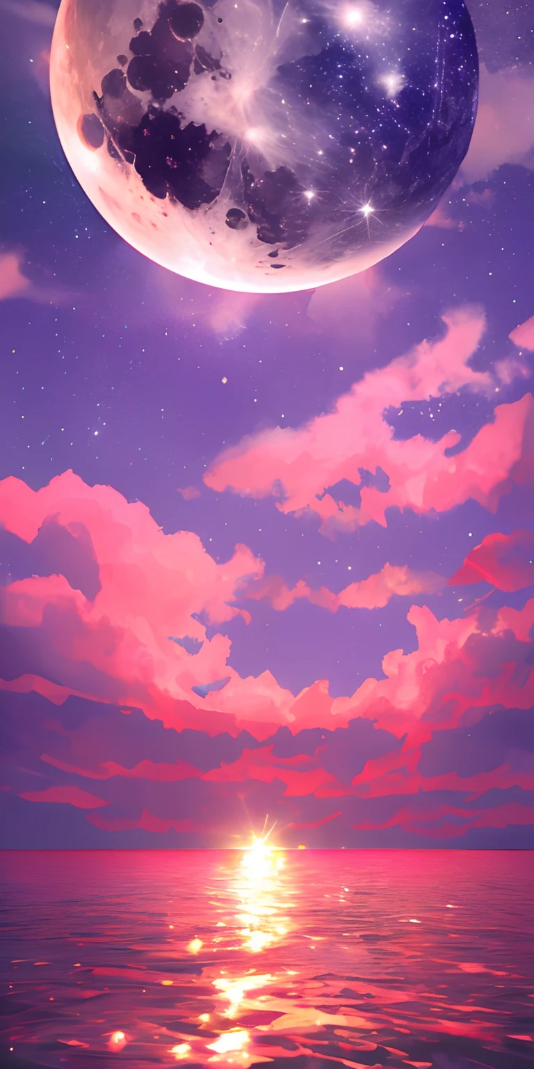 Pink moon, pink sky, soft pink clouds, pink ocean waves sparkling, sparkling, pink roses on pink ocean, fantasy, diamond, crown, universe, soft lights,