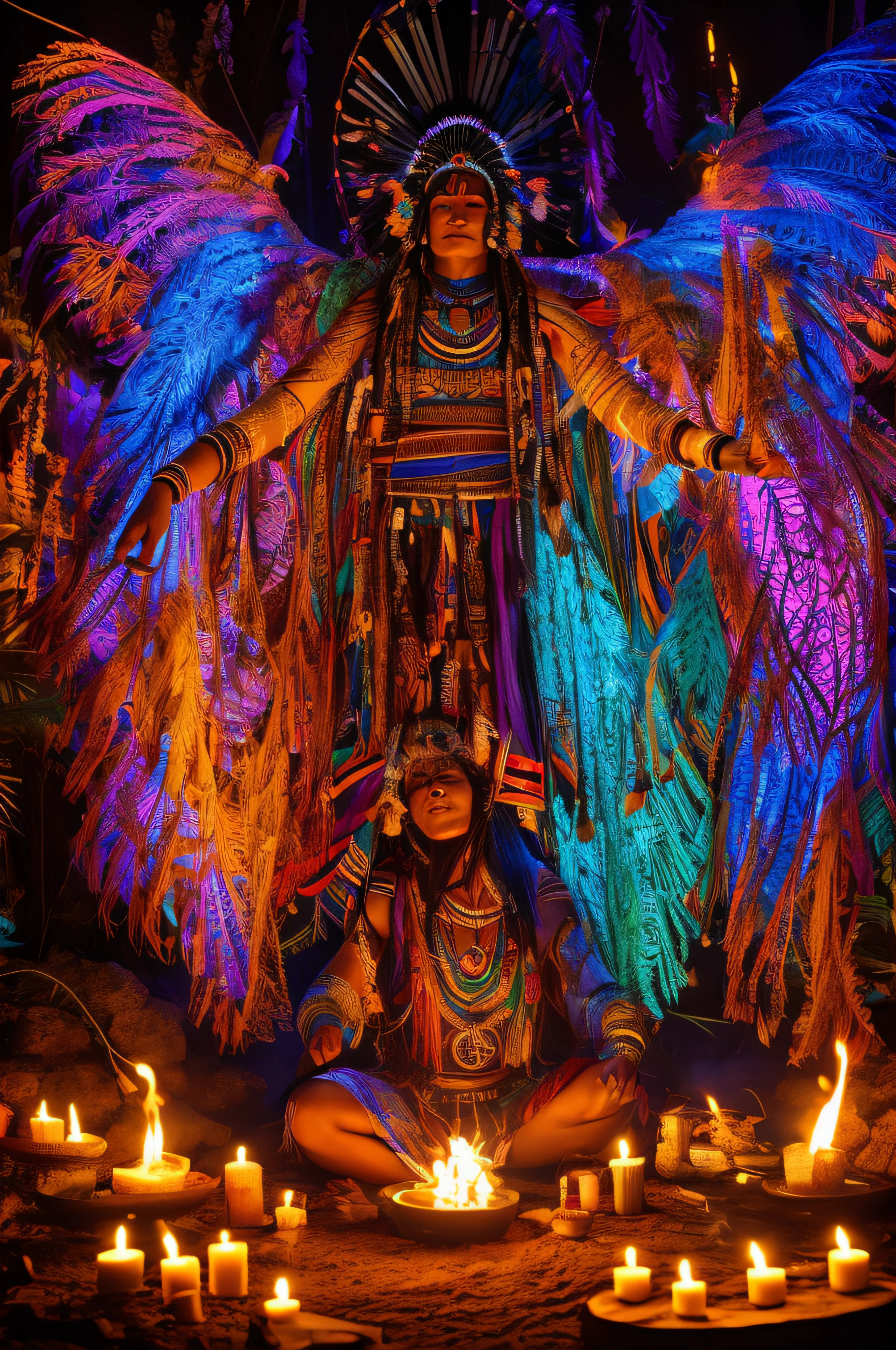 (best quality,4k,8k,highres,masterpiece:1.2),ultra-detailed,(realistic,photorealistic,photo-realistic:1.37),Native American Indian ritual,celebration of life,blacklight,high definition,tribal culture,traditional attire,ritual dance,ancient symbols,feathers,headdresses,sacred fire,smoke rising,sunset glow,silhouettes,drum beats,chanting,echoing voices,energetic movement,colorful patterns,sacred objects,burning sage,purification,cutting of hair,respectful ceremony,unity with nature,spiritual connection,traditional song and dance,energizing atmosphere,harmonious rhythms,transcendental experience,mesmerizing rituals,community gathering,mystical ambiance,spiraling vortex,burst of energy,ancestral wisdom,profound spiritual journey,transformation,cleansing rejuvenation,dreamlike vision,reverence for ancestors,living cultural heritage, blacklight art