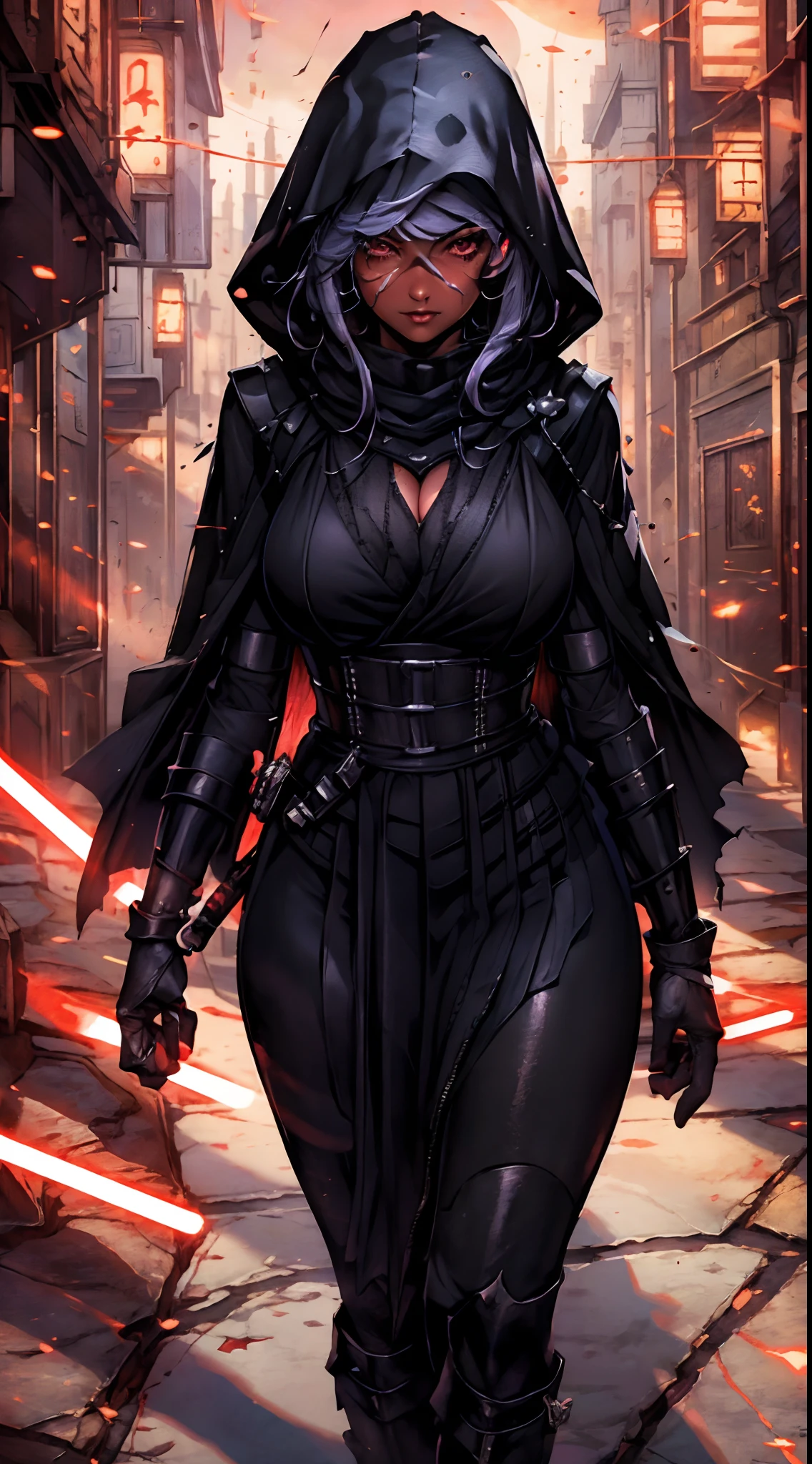 masterpiece, best quality, highest quality, high definition, highly detailed, 8K photorealism, (((dark red skin)), twi'lek), dual red lightsabers, evil space knight, space ninja, (wearing heavy black robes, black stealth armor, breastplate, tunic, tabard, cowl, cloak, body glove, straps, buckles, skirts, long sleeves, fantasy, ((armor))), ((busty), slender body, thin, slim sexy body, slim waist, huge breasts), Imperial starship, Star Wars, NSFW,