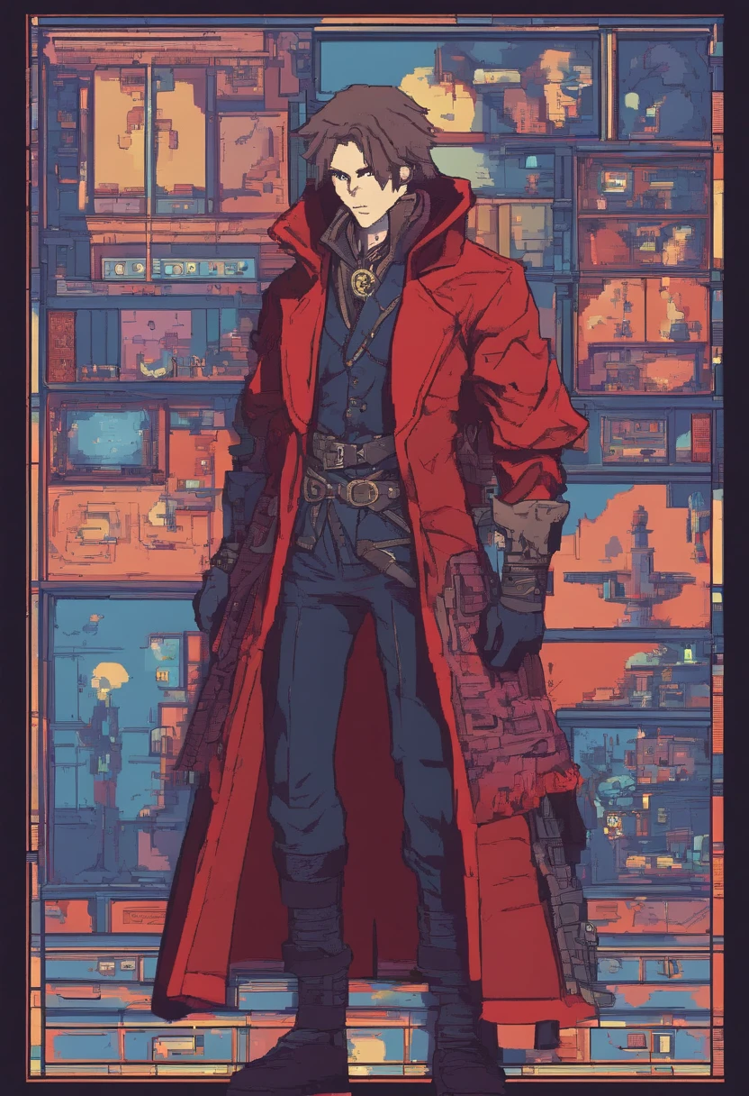red-short-haired man, with one blue eye and the other eye closed with a scar, he has faded beard, he wears a long red jacket, like a Bloodborne hunter, on his back he carries a greatsword, he has a prosthetic left arm like Guts, He is facing creatures of the night like a vampire hunter, 80s anime still, retro fashion, dungeon and dragons character dark fantasy digital art muted pastel colors, muted retro colors, CRT tv display by Tsukasa Hojo and Toshihiro Kawamoto -
