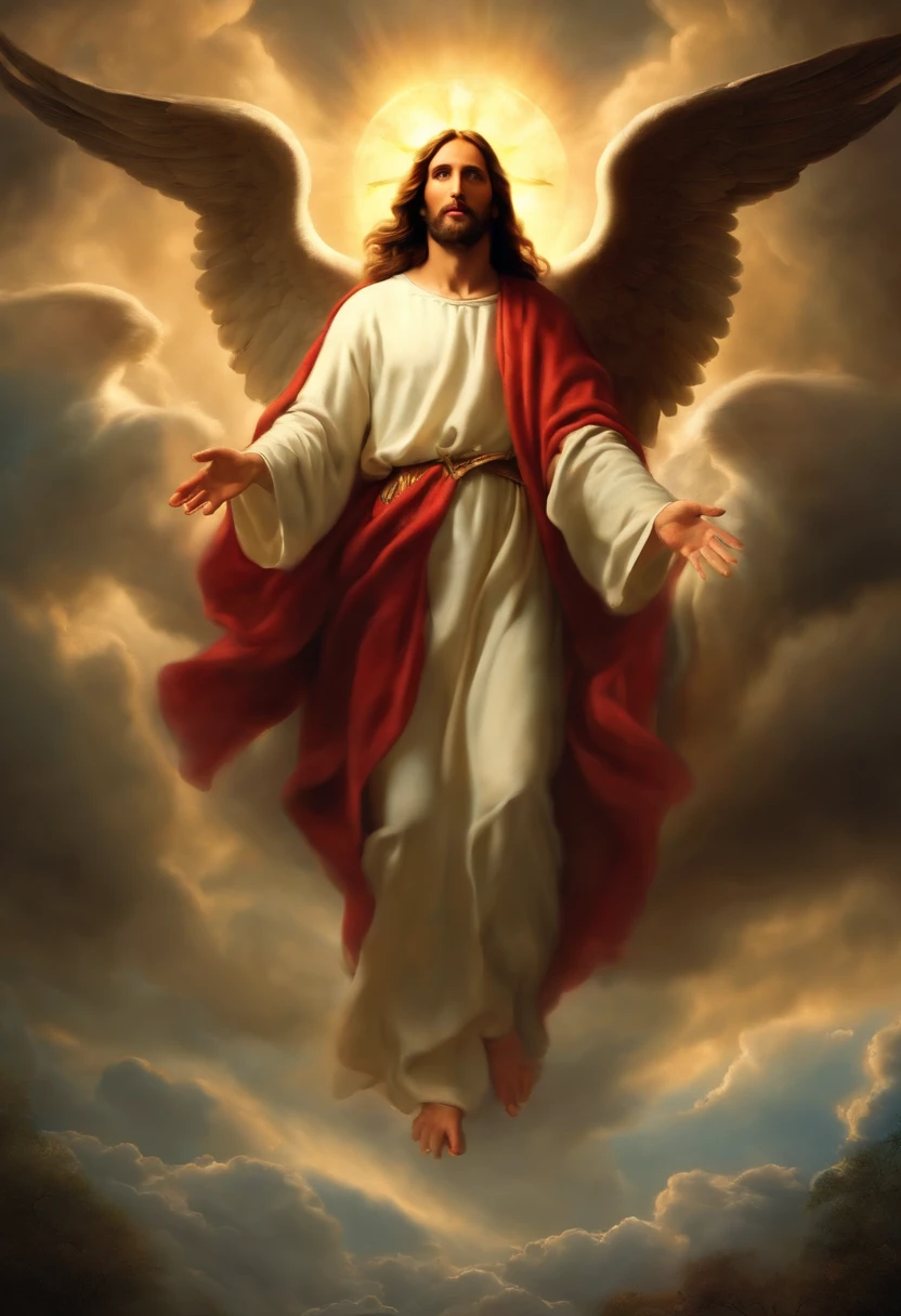 Jesus coming out with several angels from a light among the dark clouds