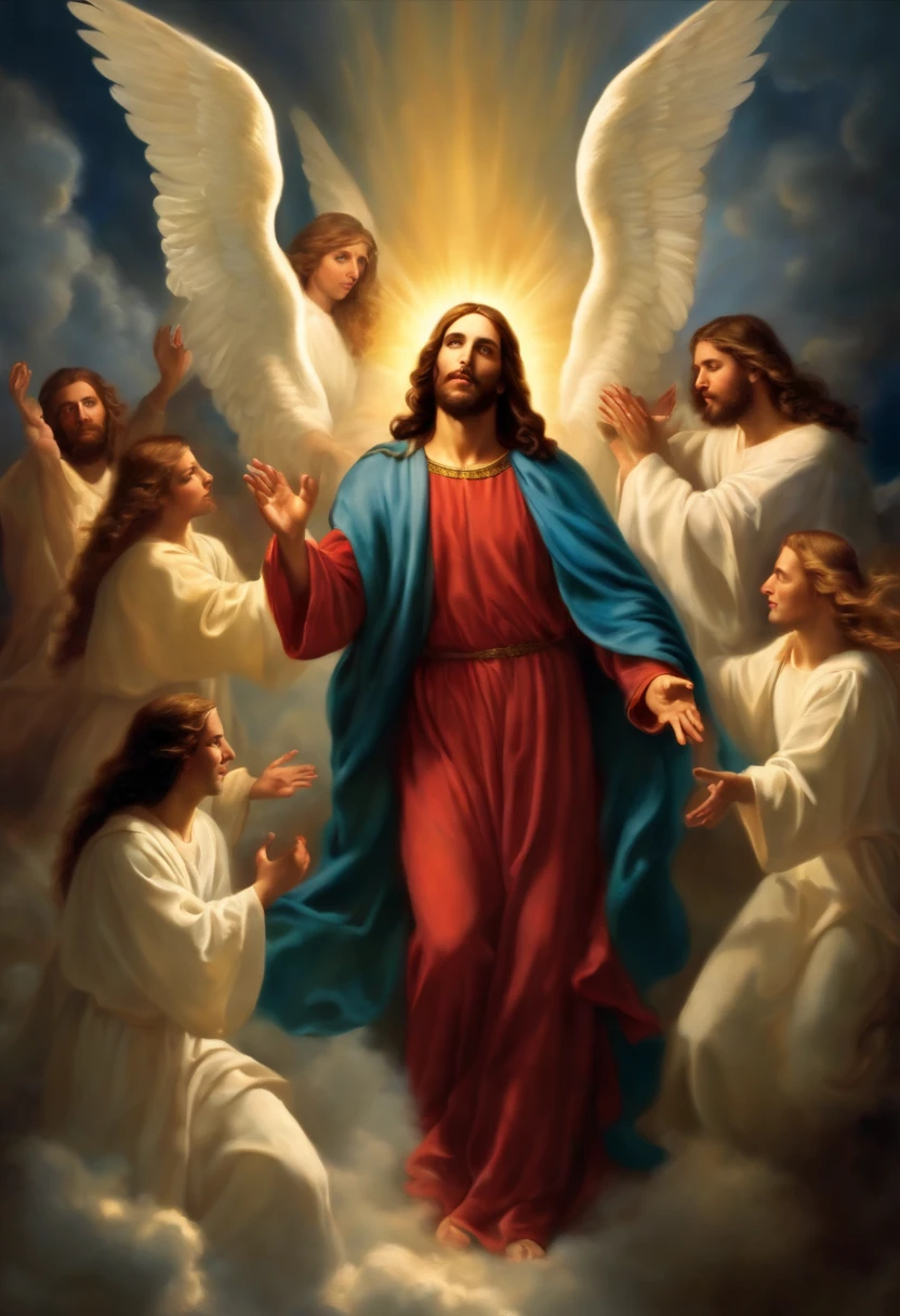 Oil painting of Jesus coming out with several angels from a light among the dark clouds
