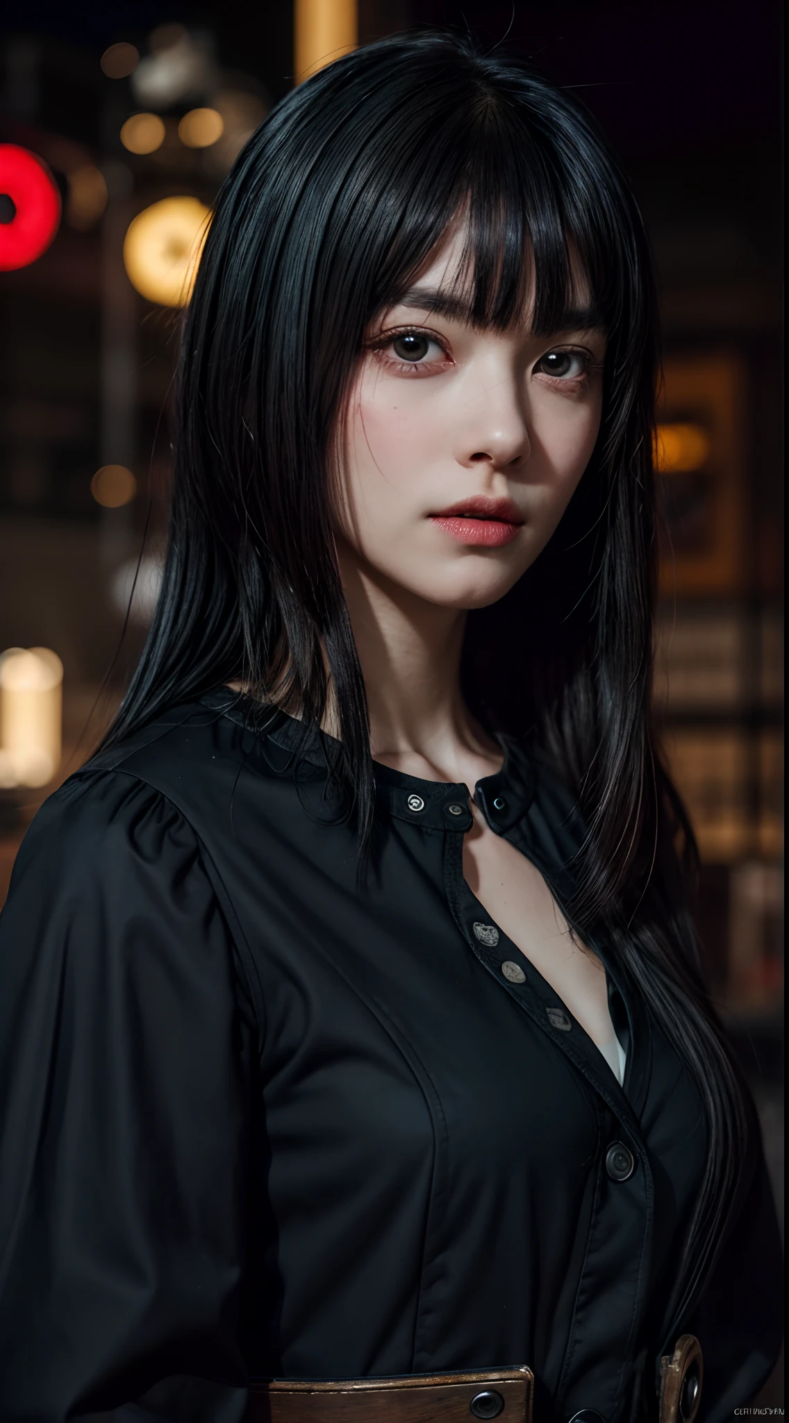 steampunkai, inventor working on a timemachine, a girl, black long hair with bangs, extremely detailed face, extremely detailed eyes, 8k, starring at camera, zoom out