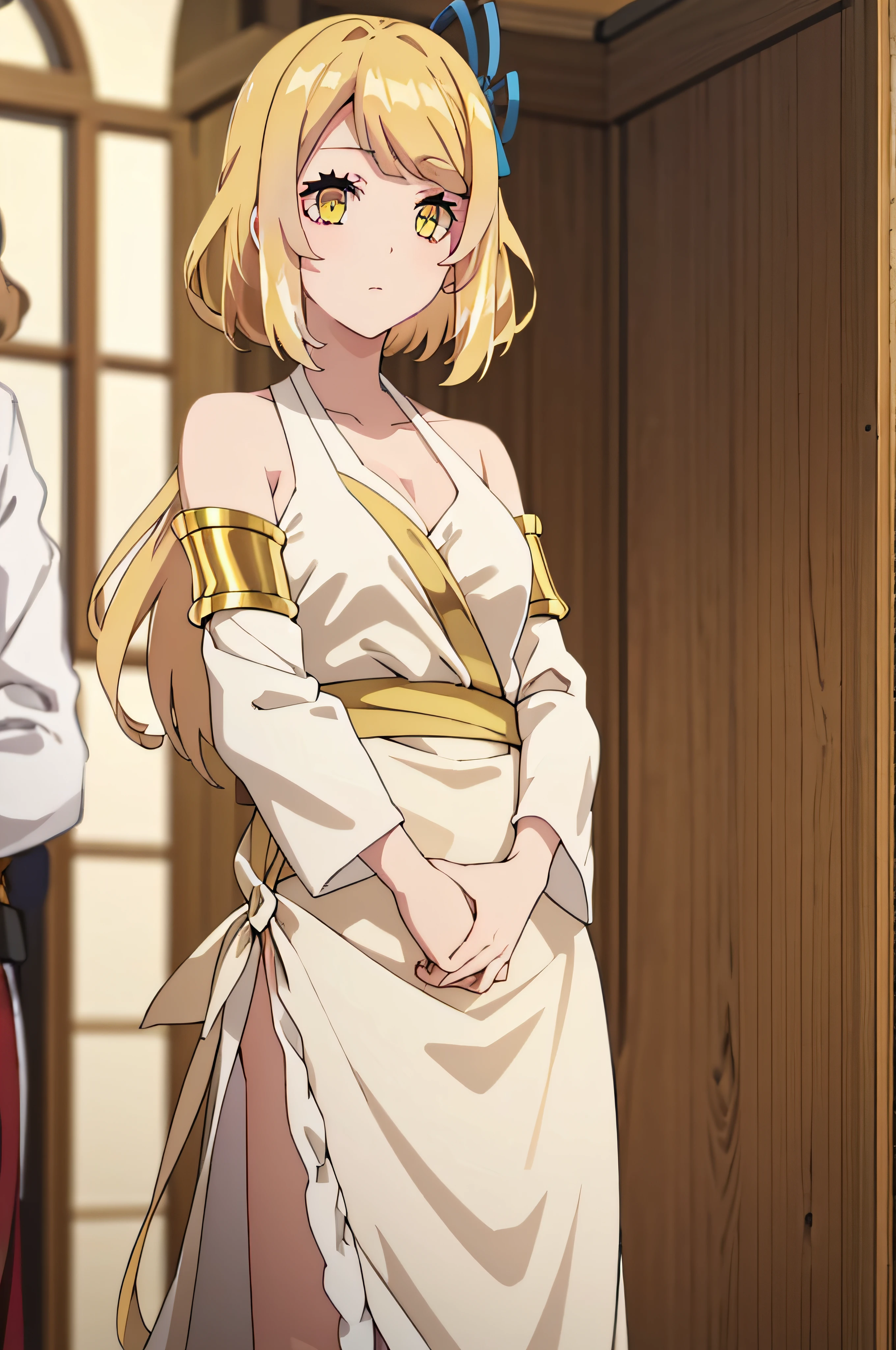 1girl,tia,blonde,golden eyes,yellow eyes,holding head of the dragon,covered in blood,mance, mischievous smile,clothes teated apart