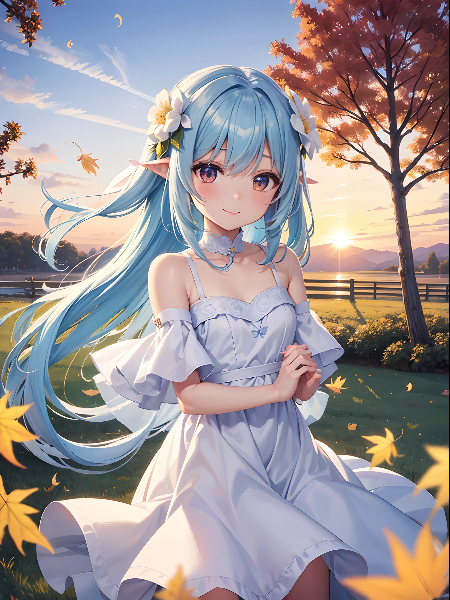 Adorable Chibi Chara、Light blue long hair、Twin-tailed、A charming smile、A delightful!　White and yellow dresses、Flower Fairy、the wind、Sunset、Vast autumn foliage background(a picture)、Falling leaves flutter(Some photos)