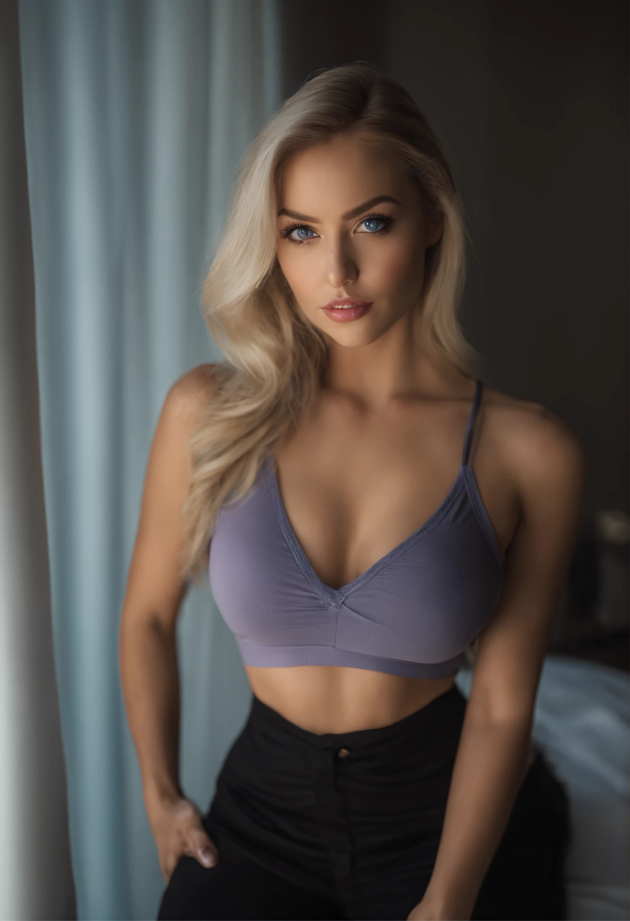 photography of 1 stunning 24-year-old blonde (Blue-eyed woman) wearing purple lingerie, in a cozy appartment in manhattan new york sitting on a designer bed (Rock), (Ausschnitt), Details (Gewebe! , Haar! , Glitzer, Farbe!! , Benachteiligungen: 1.1), shiny eyes with high level of detail (Blick in die Kamera), SLR-Beleuchtung, Spiegelreflexkamera, ultra quality, Sharpness, Depth of field, Filmkorn (Mitte), Fujifilm XT3, kristallklar, Rahmenmitte, Beautiful face, Scharfer Fokus, , bokeh (schwach beleuchtet),Detaillierte Hautporen, Oily skin, Sonnenbrand, Komplexe AugenDetails, full entire body, big boobs, in the background there is a modern new york window