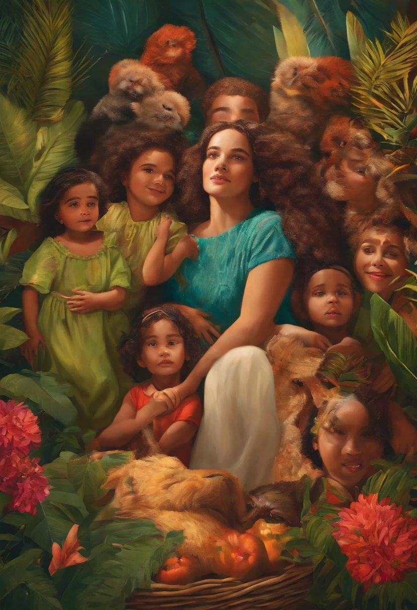There is a girl, who is very tall, whose face is very beautiful, and she also has curly hair,
There is a deep glow in her eyes and she looks at her as if she is a beautiful person. There is a beautiful lake behind her and two tots are also sitting on her shoulders.