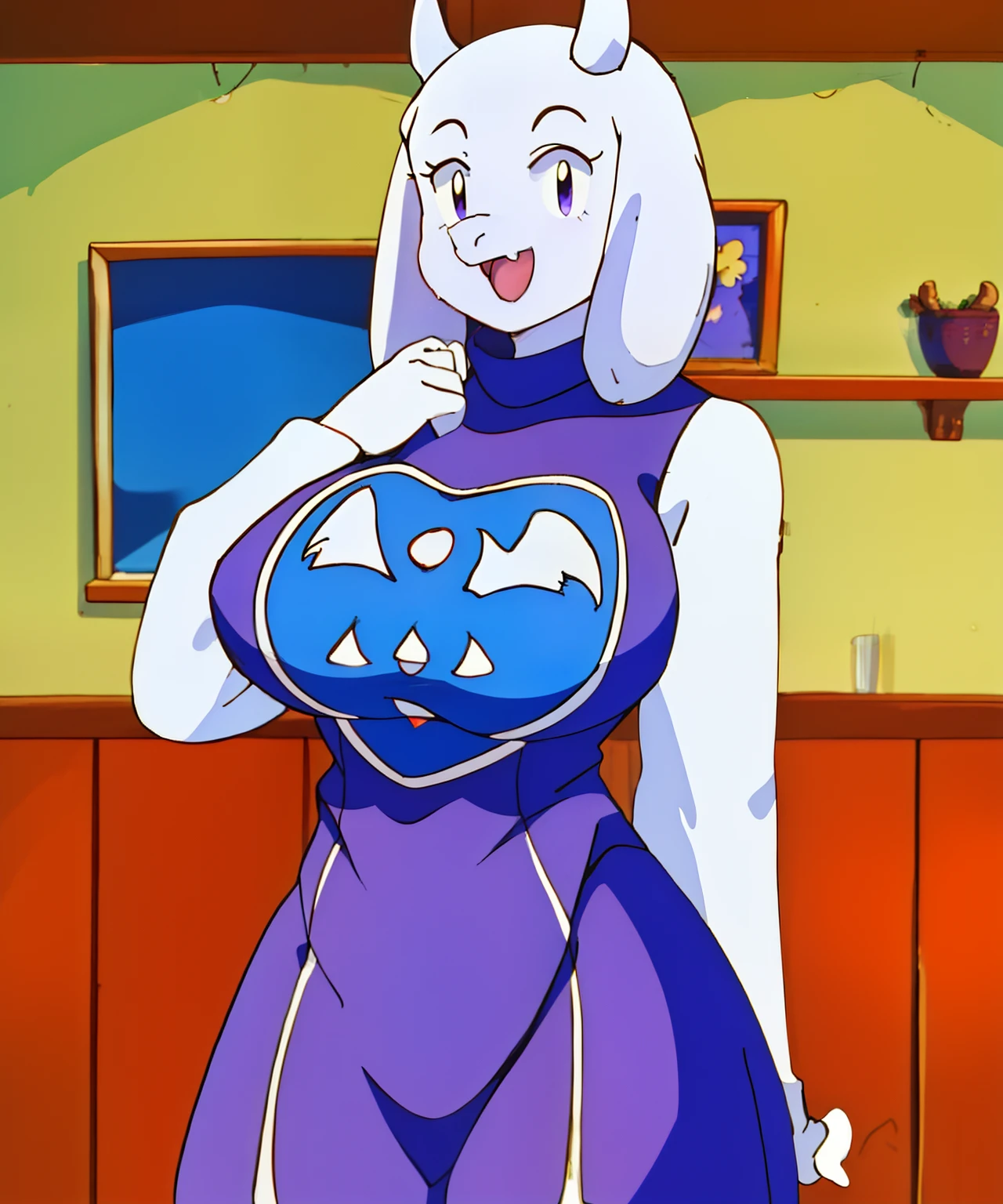 toriel, 1girl, furry, furry_female, goat_ears, goat_girl, indoors, smile, solofurry, furry_female, goat_ears, goat_girl,  , indoors, open_mouth, smile, solo, huge breasts, pokemon 90s, ((masterpiece, best quality)),