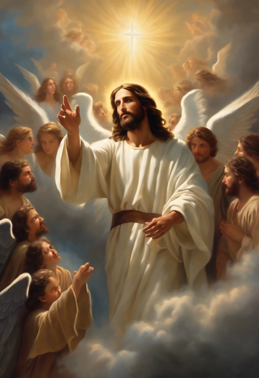 Oil painting of Jesus coming out with several angels from a light among the dark clouds