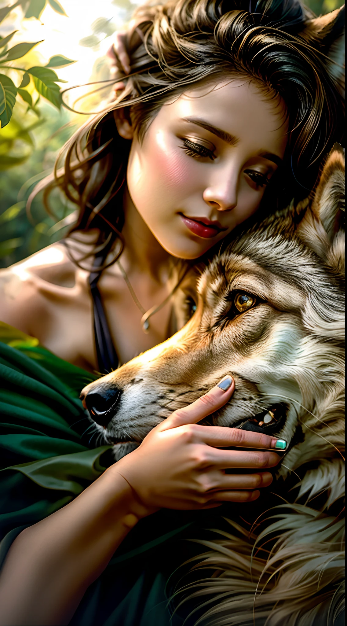 A woman is hugging a wolf in a field of leaves, wolfgirl, Magali Villeneuve», very realistic, companheiro lobo, lobo como um humano, Lobos e seus tesouros, Angiewolf, female anthropomorphic wolf, arte bonita, foto de perfil, retrato de alta qualidade, mulher linda, Directed by: Adrienn Henczné Deák, muito realista