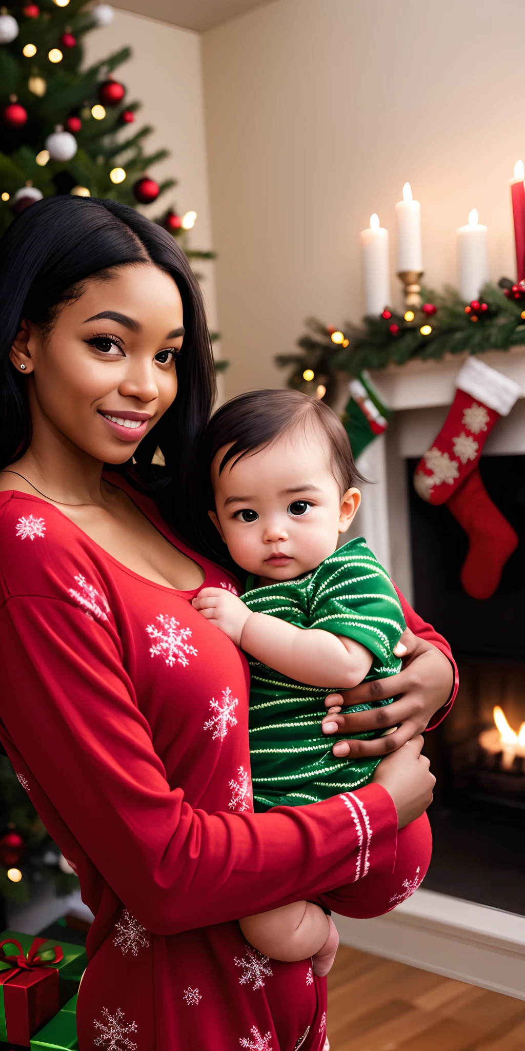 young black mom with straight, long, black hair. Holding infant baby, both wearing christmas pajamas, in a cozy mansion decorated for christmas
