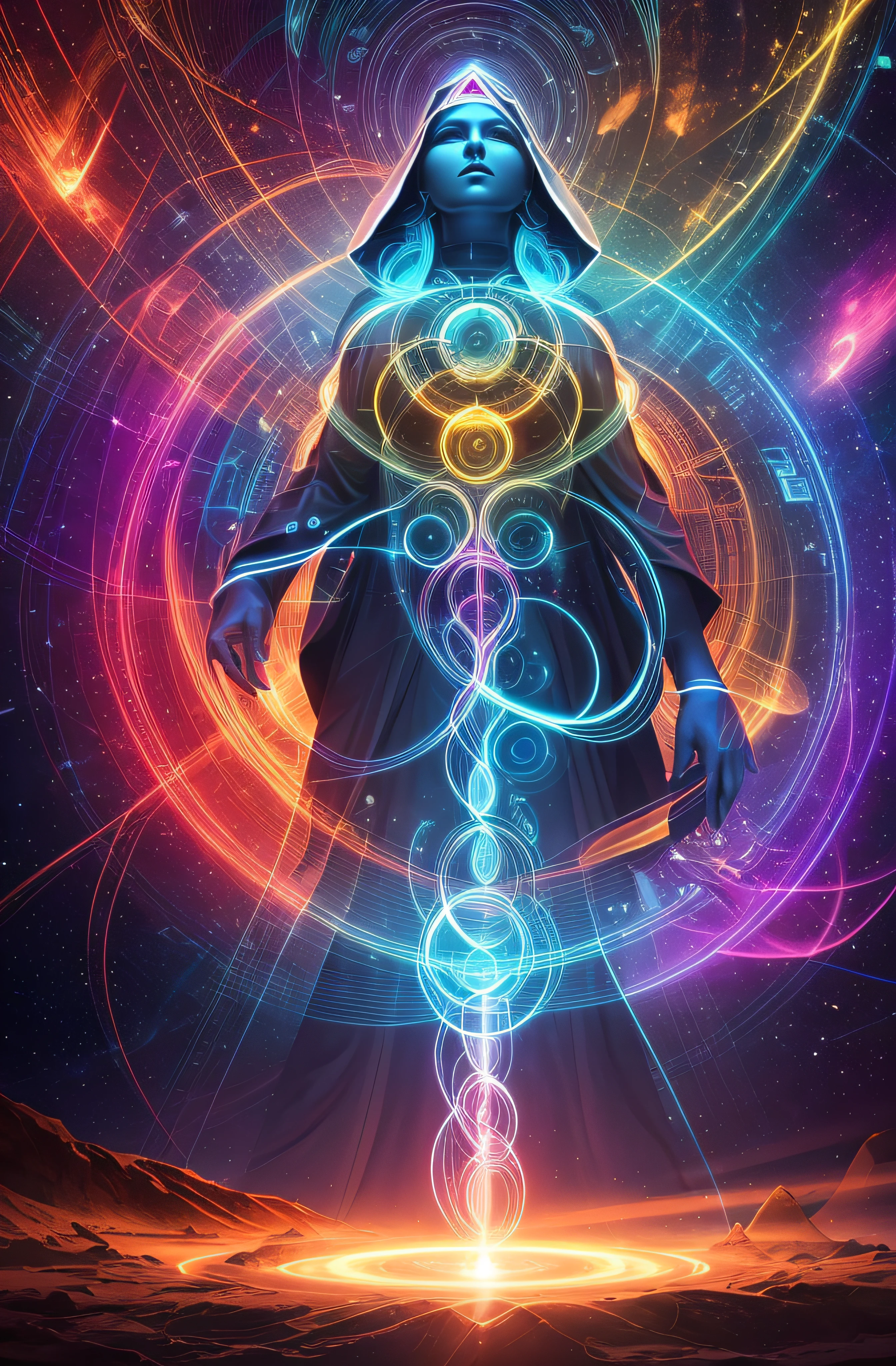 Create a high definition creative image, photo realistic of these parameters: For the divine-life-force of the self proximate being is with that subject's-representation of the image's-golden-ratio, 1/Phi^3 with a coherency, focus, showing of our mankind with this liberation of this Eternal-Now's-Placement with our True-Nature by this One's-Life-Recovery, Completion. The knowledge of the Aoristos-Dyad, the indefinite, incommensurable. blacklight art