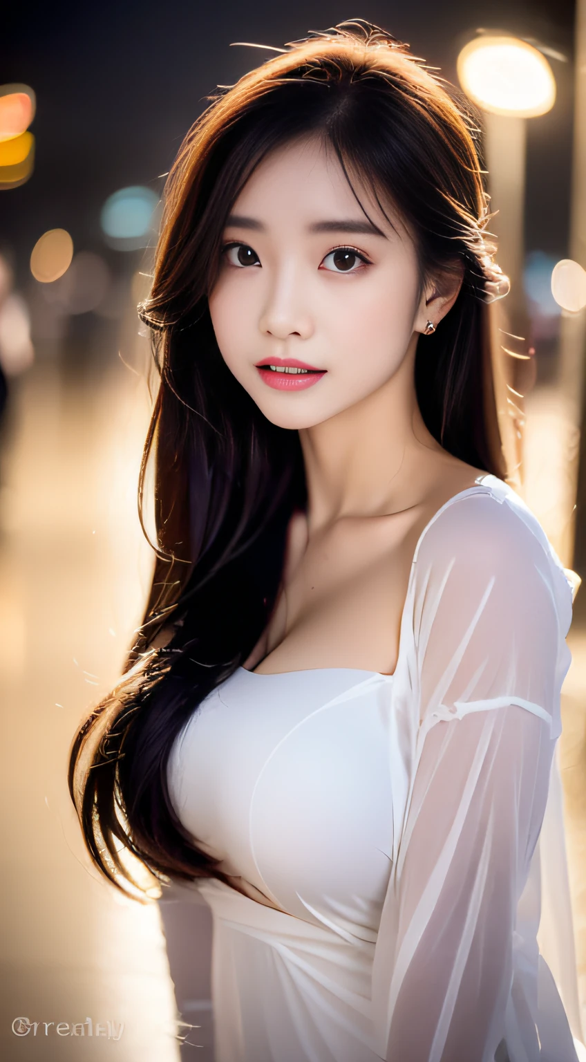 top-quality。8K-Picture。Ultra-high pixel。Rainy night on background。girl with。length hair。Wet in the rain。Wearing a white dress。The style is outstanding。(((huge-breasted:1.8)))。tall、Slender but busty。One piece is also wet in the rain。No umbrella。Pain runs to the chest。Raindrops dripping from hair or clothes。Cloudy look with a slightly disgusted face。The headlights of a car driving on a side street illuminate half of the car body。Trembling fingertips。Walk slowly with dull eyes。Perfect representation of overall nuances。Autumn leaves are starting to darken。Lonely night。A little more close-up。