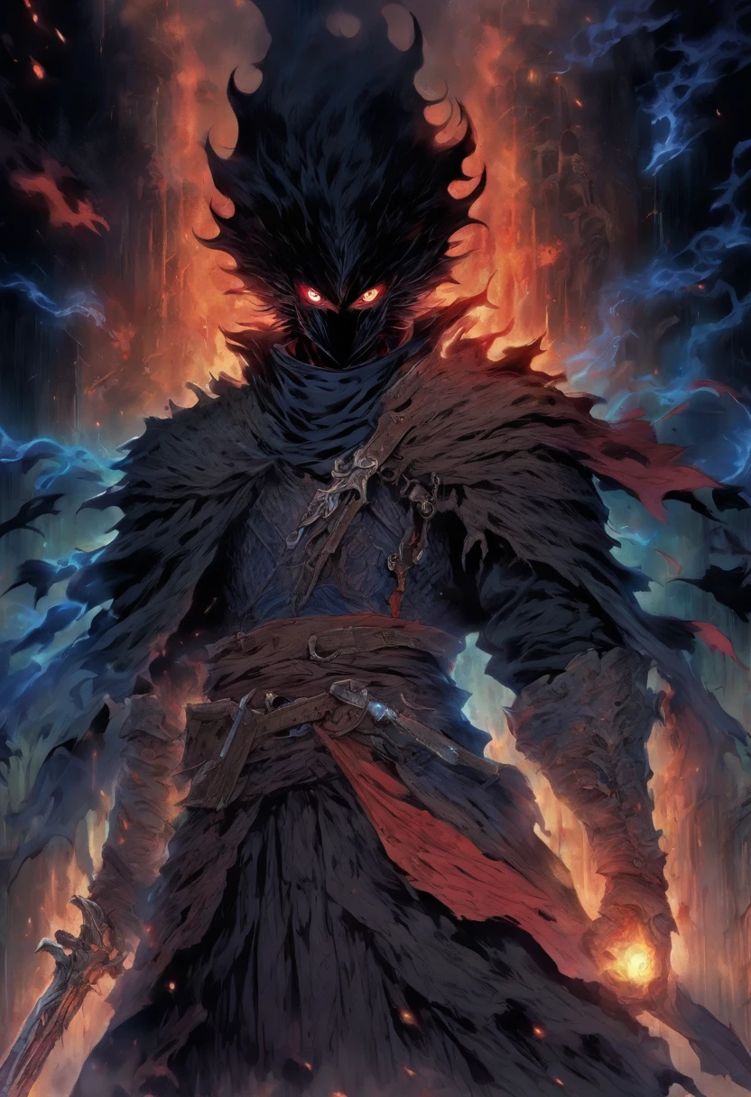 hombre de pelo corto rojo, con un ojo azul y el otro ojo cerrado con una cicatriz, Tiene la barba descolorida, Lleva una larga chaqueta roja, como un cazador de Bloodborne, En su espalda lleva una gran espada, has a prosthetic left arm like Guts, It's shrouded in fire, 80s anime still, Moda retro, Dungeon and Dragons Character Dark Fantasy Digital Art Muted Pastel Colors, Colores retro apagados, Pantalla de TV CRT por Tsukasa Hojo y Toshihiro Kawamoto -