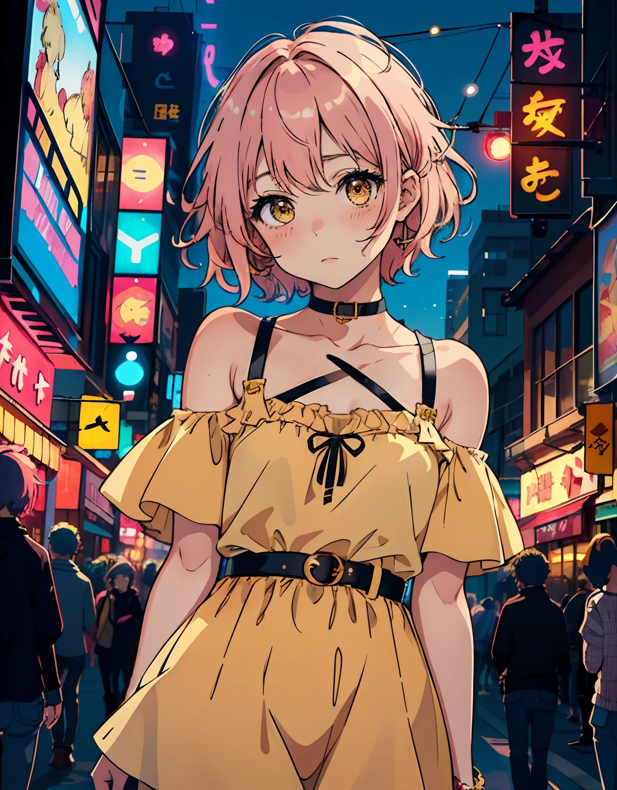 ((masterpiece, best quality)), (1girl, anime girl in the city night),(loli, little girl, idol, shy, blush), (solo), (female focus), (pink hair, messy hair, short hair),yellow eyes, ((exposed shoulder, idol costume)) , shy, portraits, close up, upper body, vibrant colors, soft lighting, looking straight forward