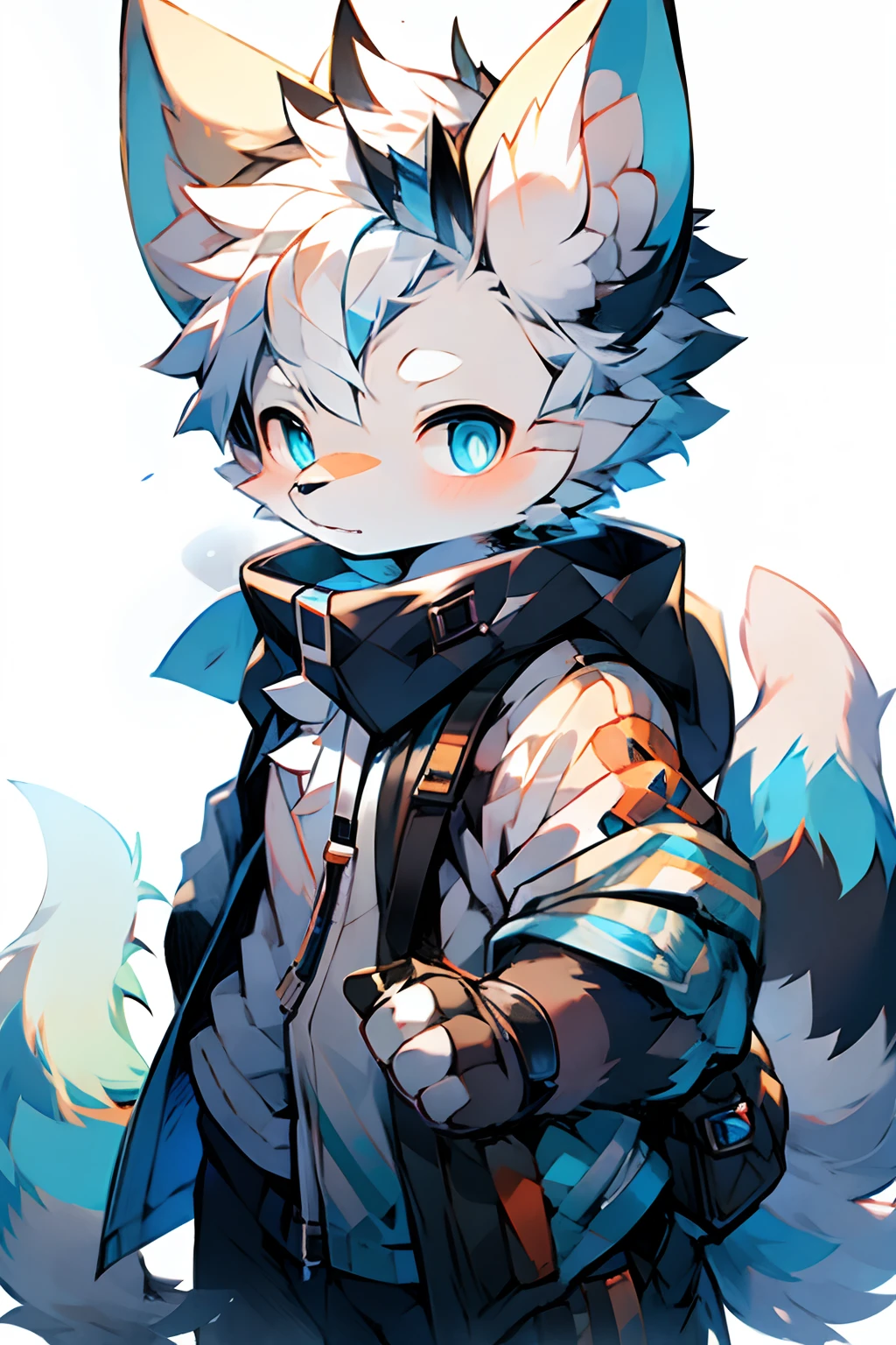 Cute boy, wolf ears, blue pupils, white hair, bust, armed, alone