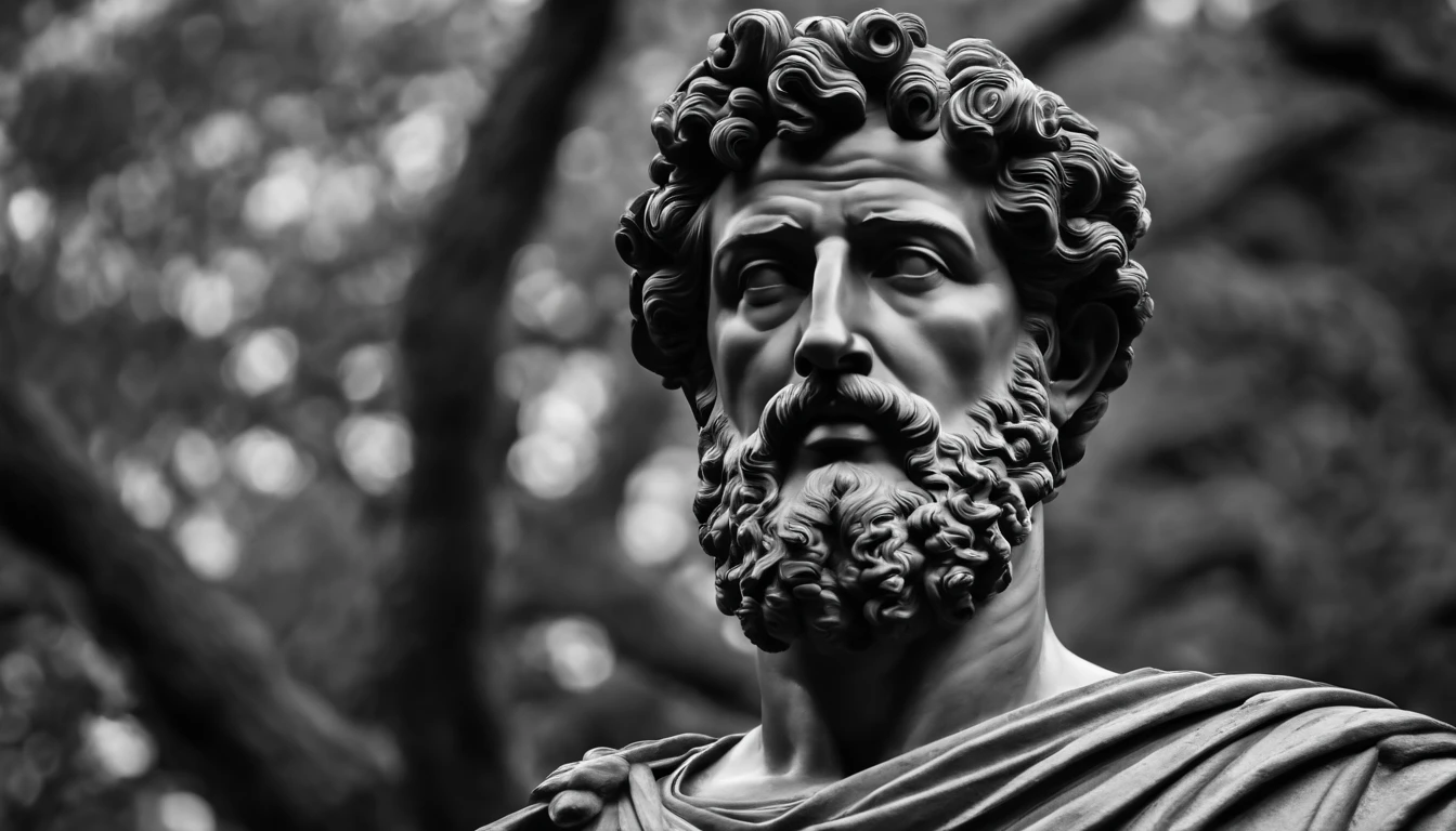 a portrait statue of the stoic Marcus Aurelius in black and white 4K,Face de lado, papel de parede super realista