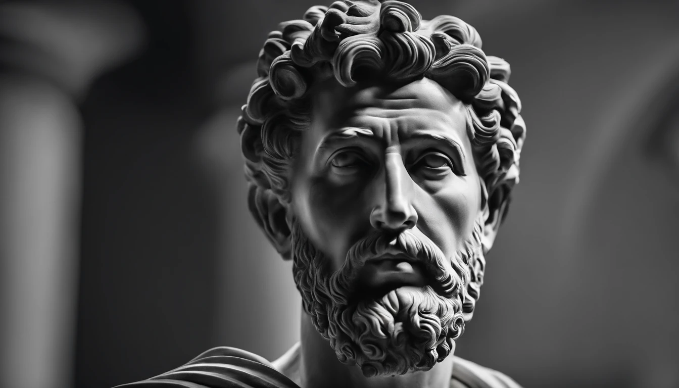 a portrait statue of the stoic Marcus Aurelius in black and white 4K,Face de lado, papel de parede super realista