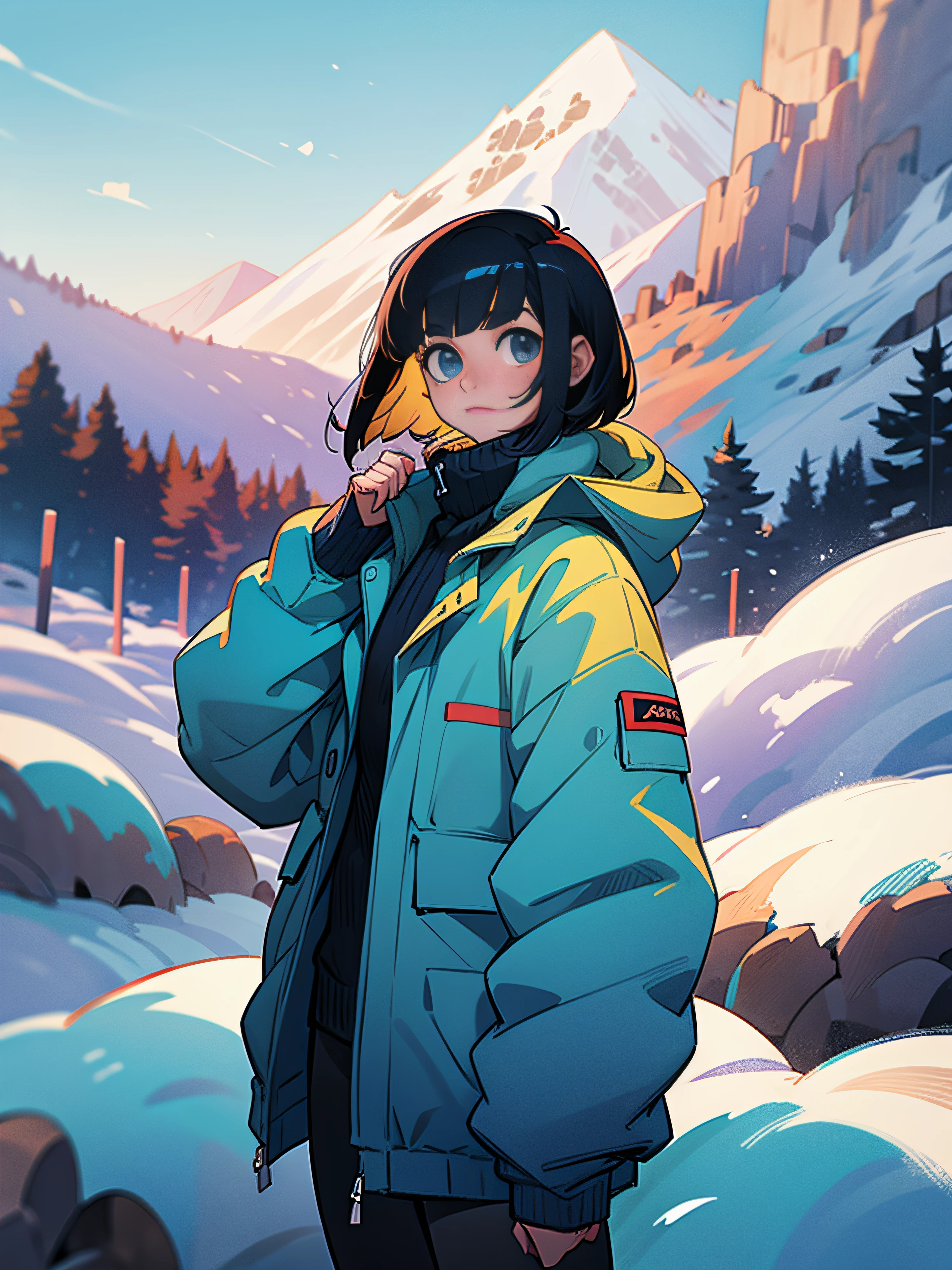 Black Hair Short Bob20Teenage woman in snowy mountains in warm clothes